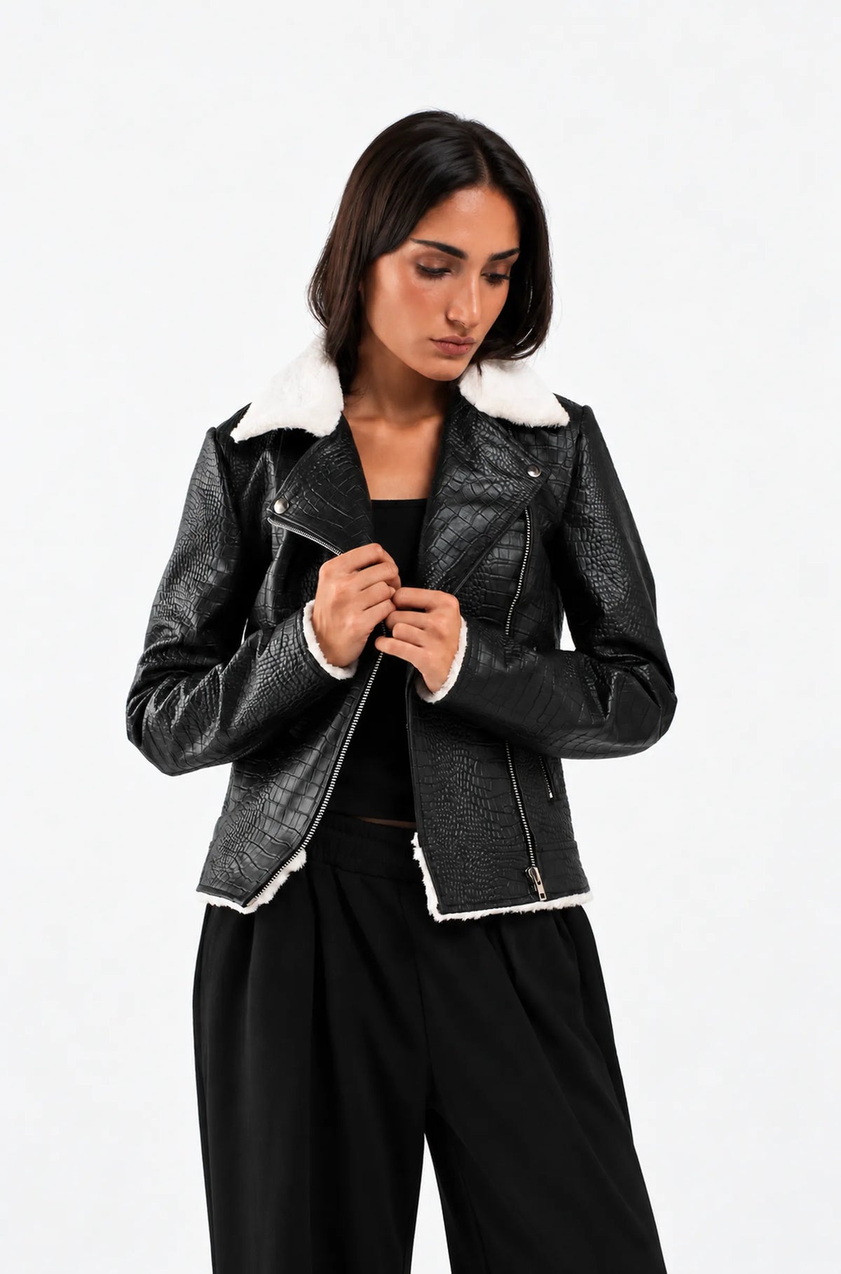 Black Crocodile Leather Biker Jacket
