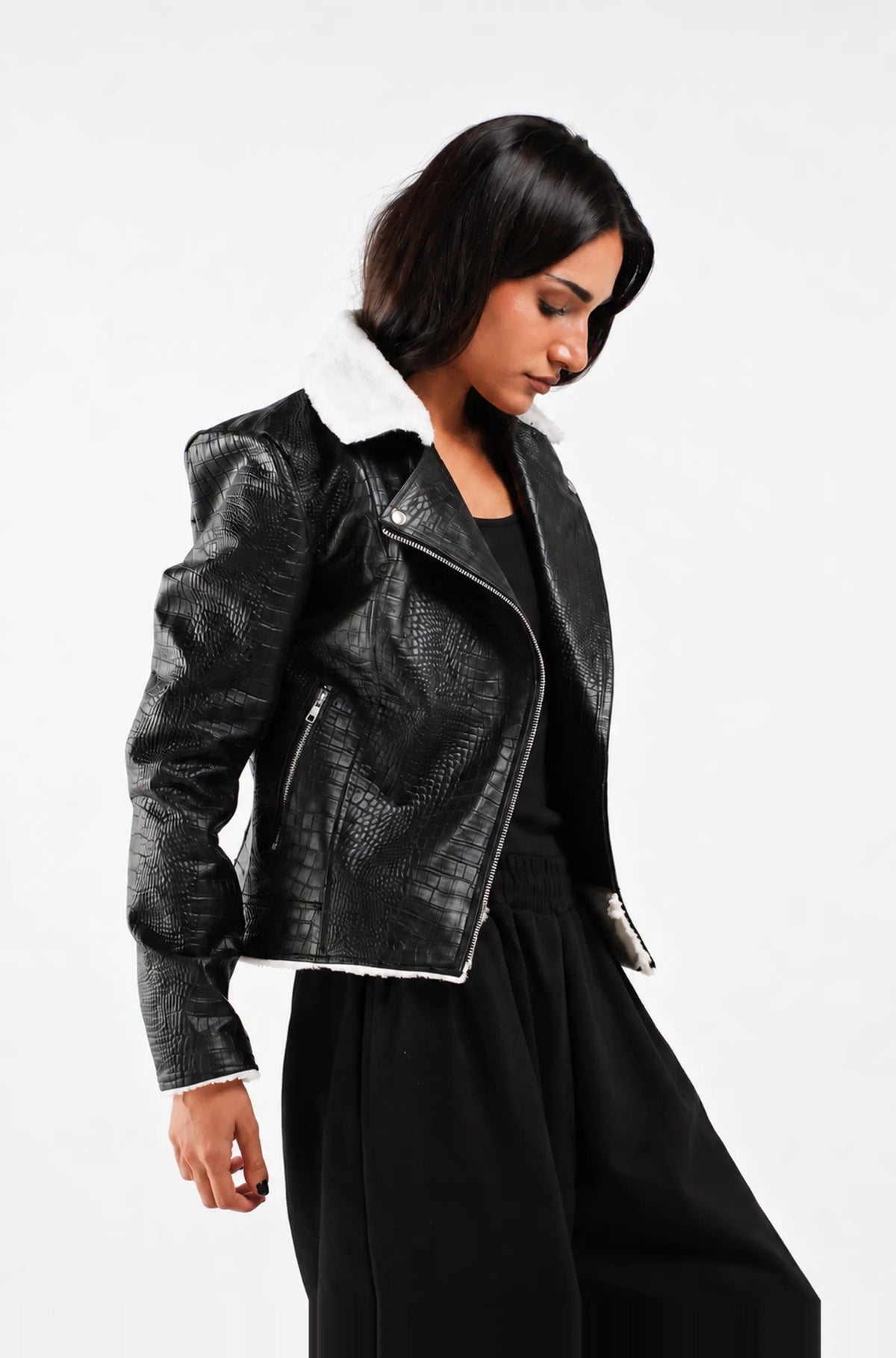 Black Crocodile Leather Biker Jacket