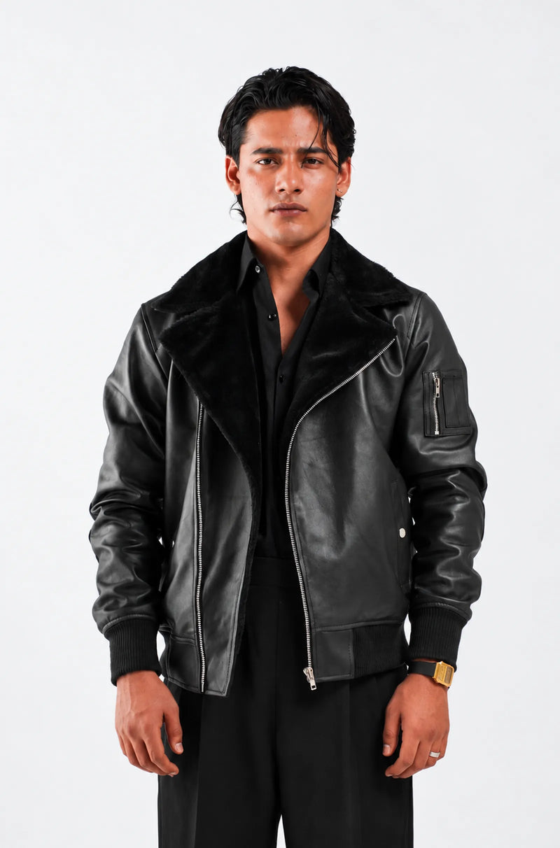 Men's Black Leather Aviator Bomber Jacket