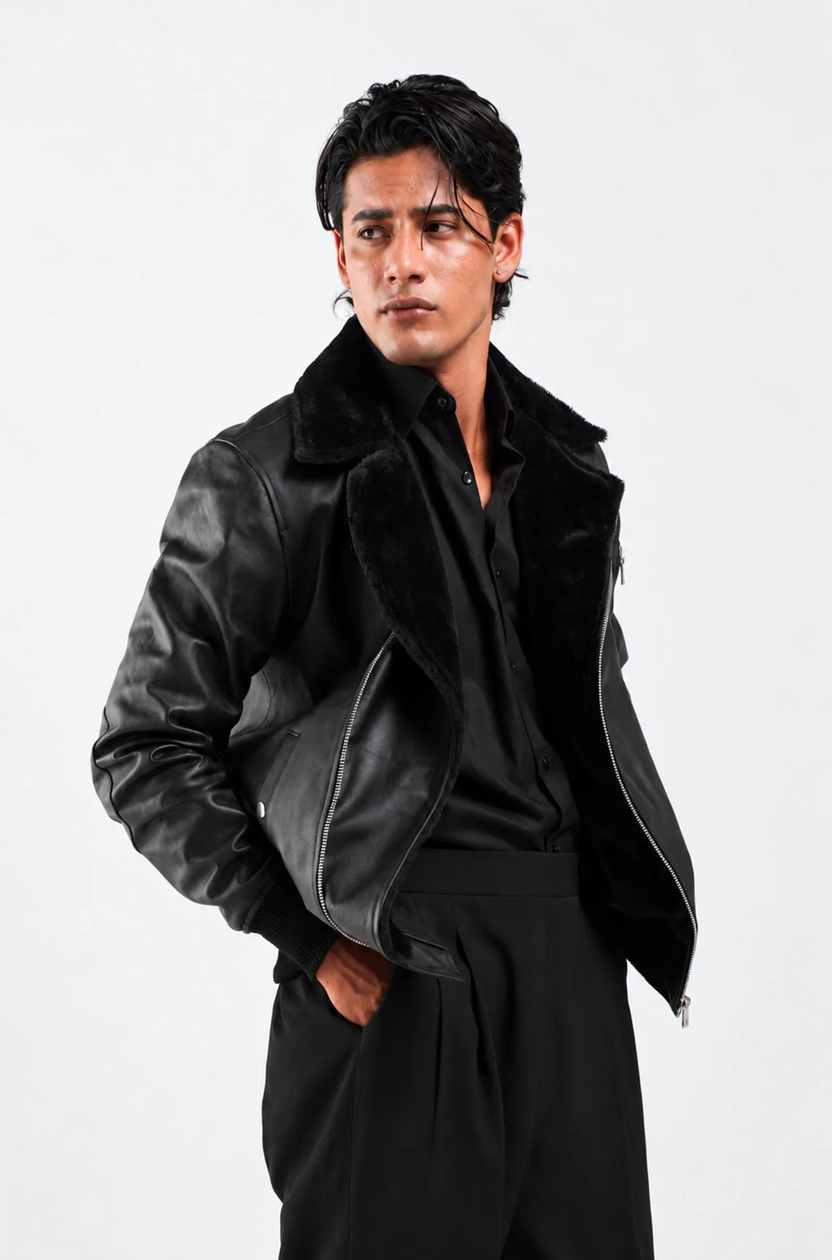 Men's Black Leather Aviator Bomber Jacket