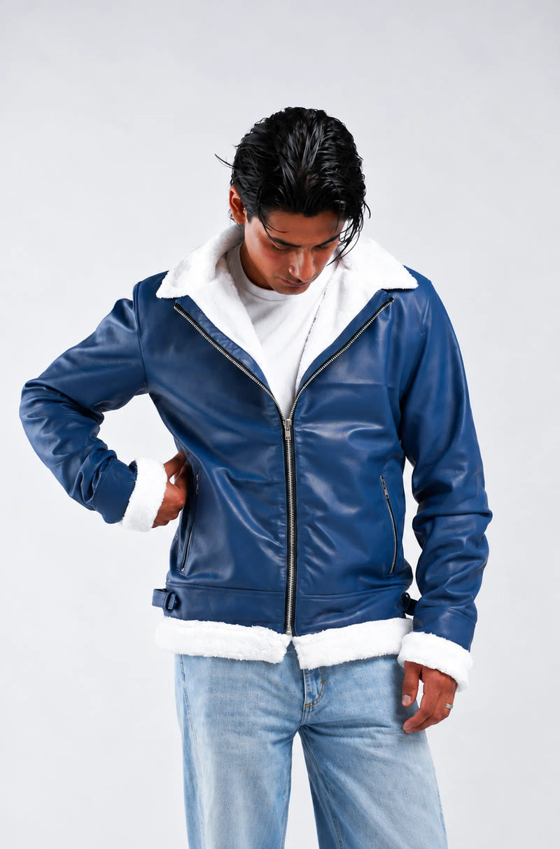 Blue Aviator Leather Jacket