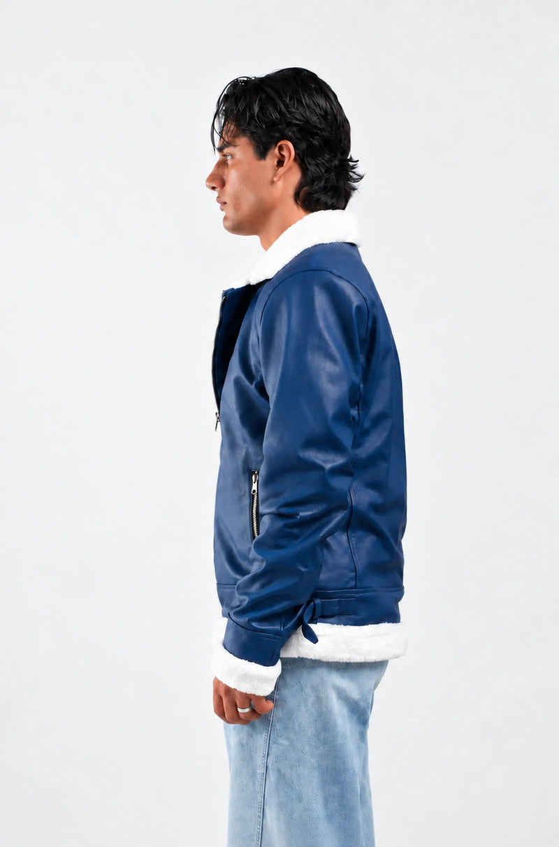 Blue Aviator Leather Jacket