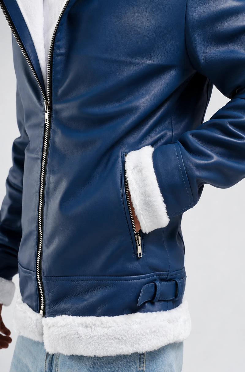Blue Aviator Leather Jacket