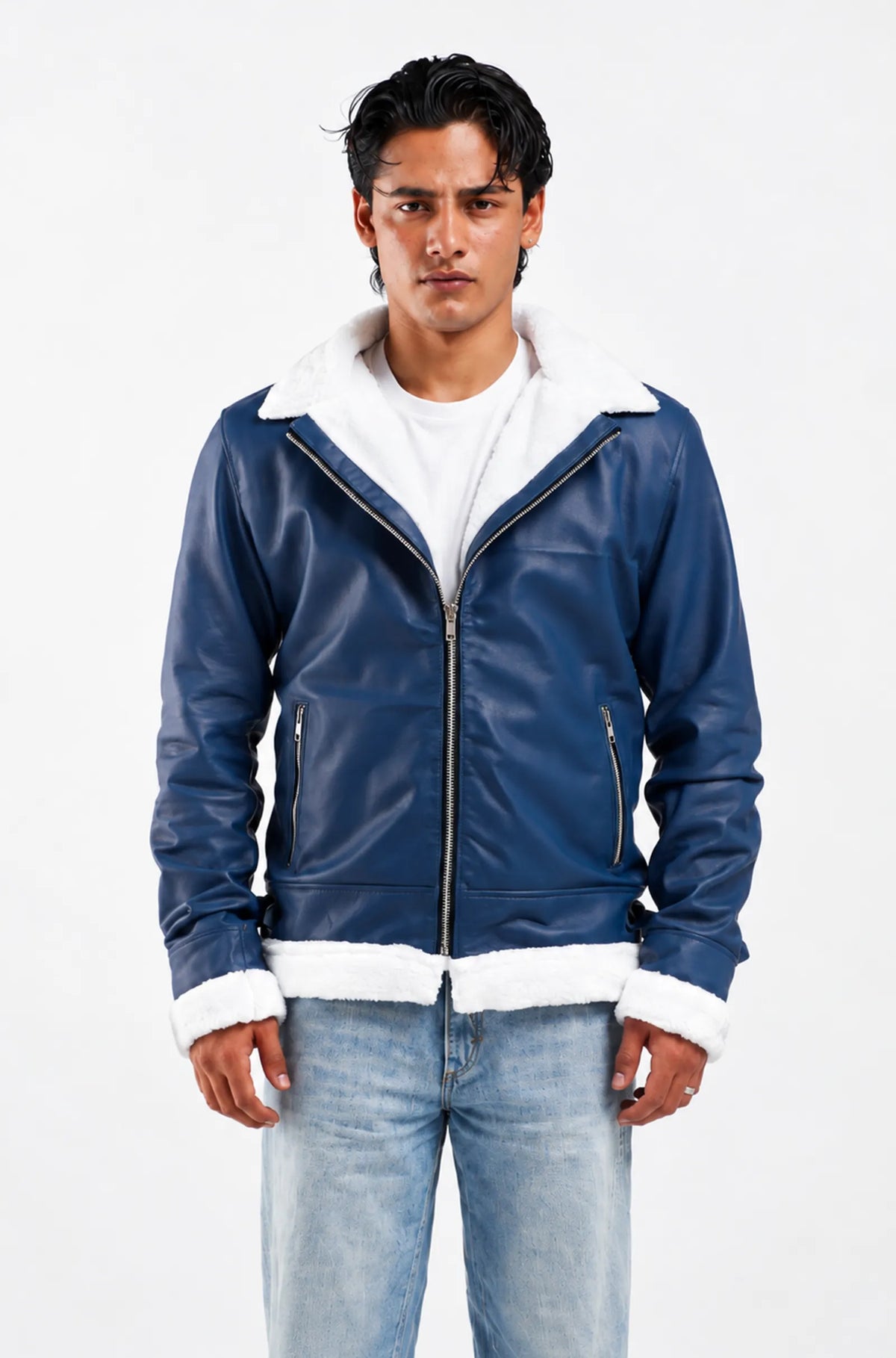 Blue Aviator Leather Jacket