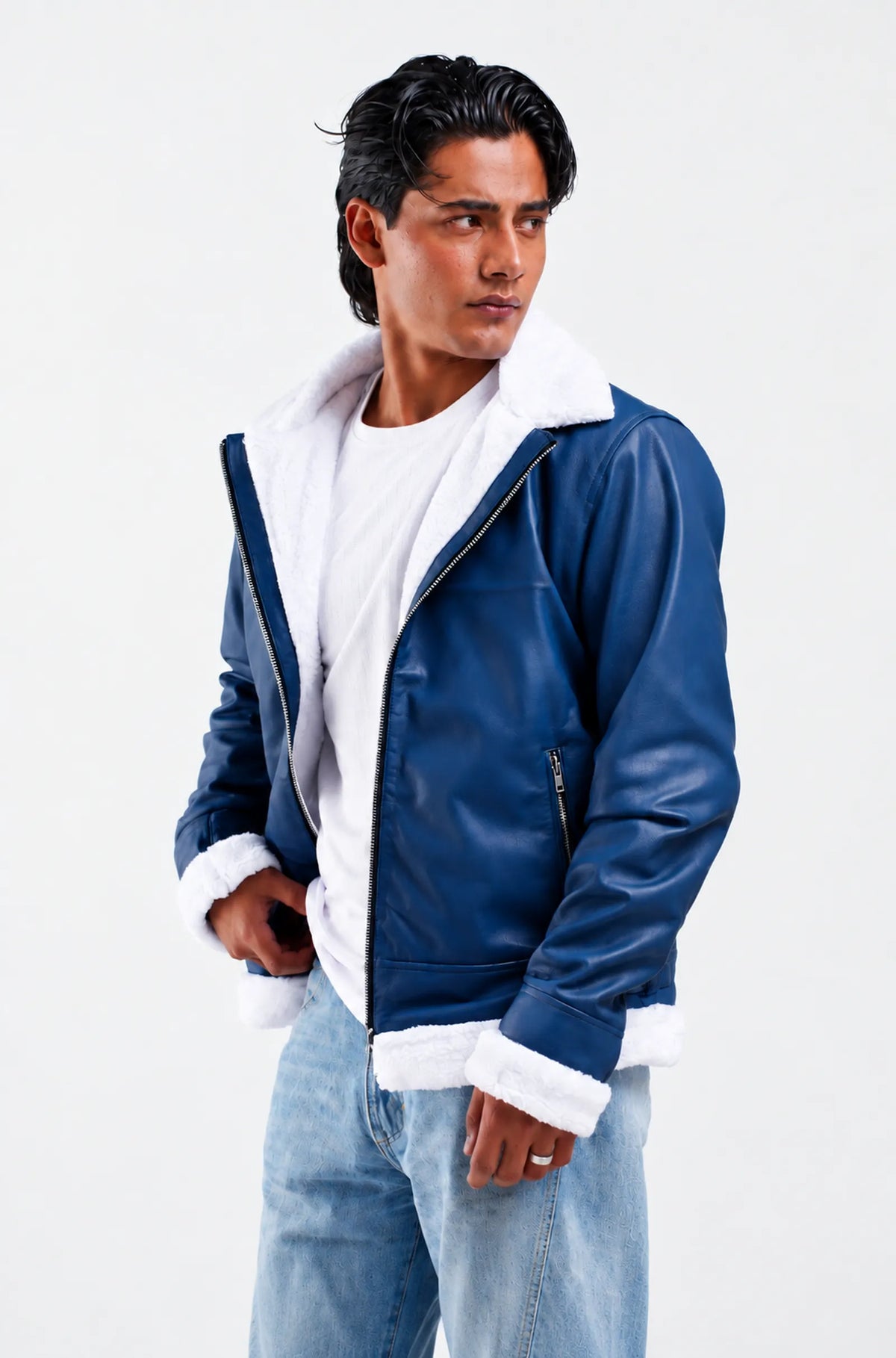 Blue Aviator Leather Jacket