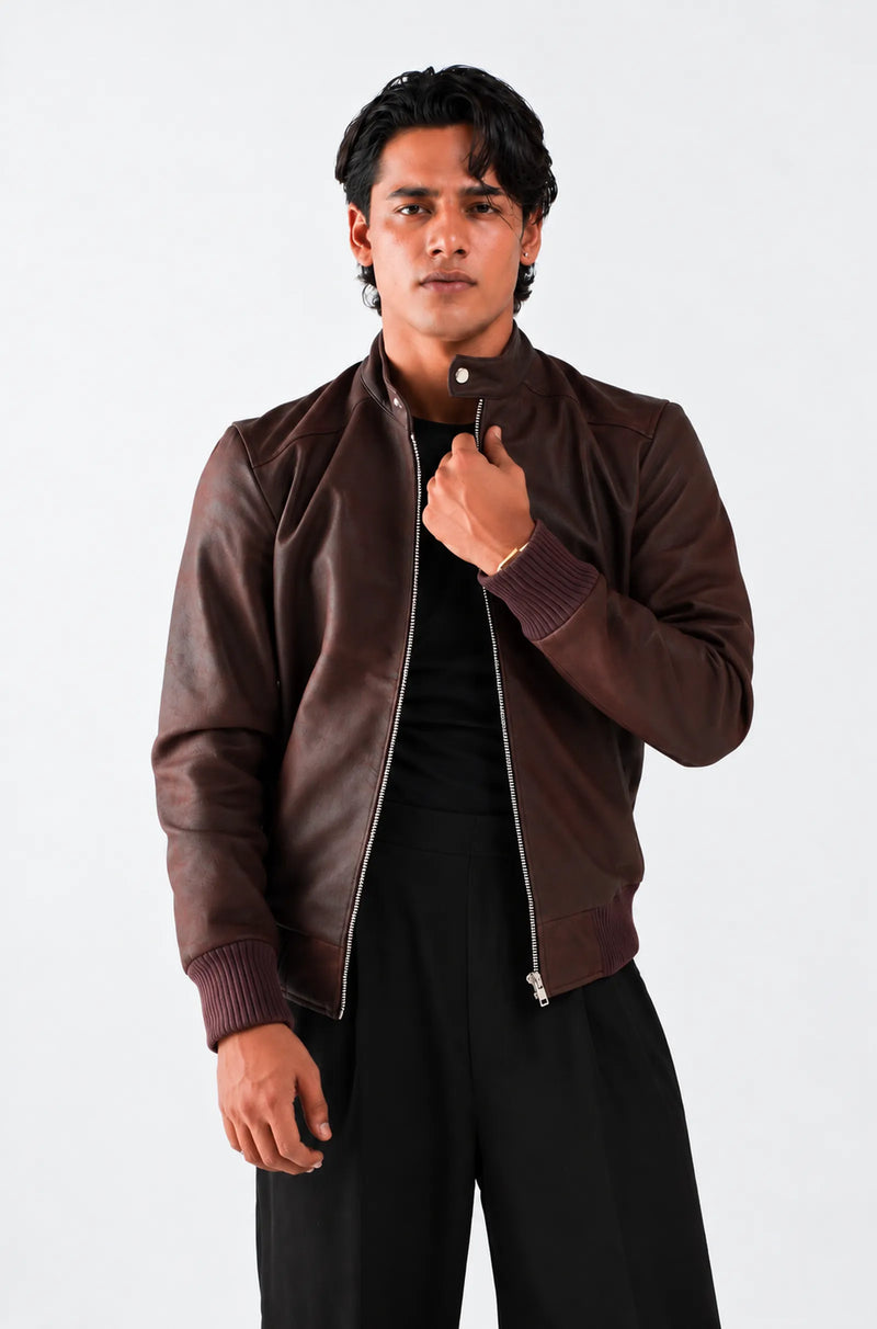 Dark Brown Leather Bomber Jacket with Stand Up Collar