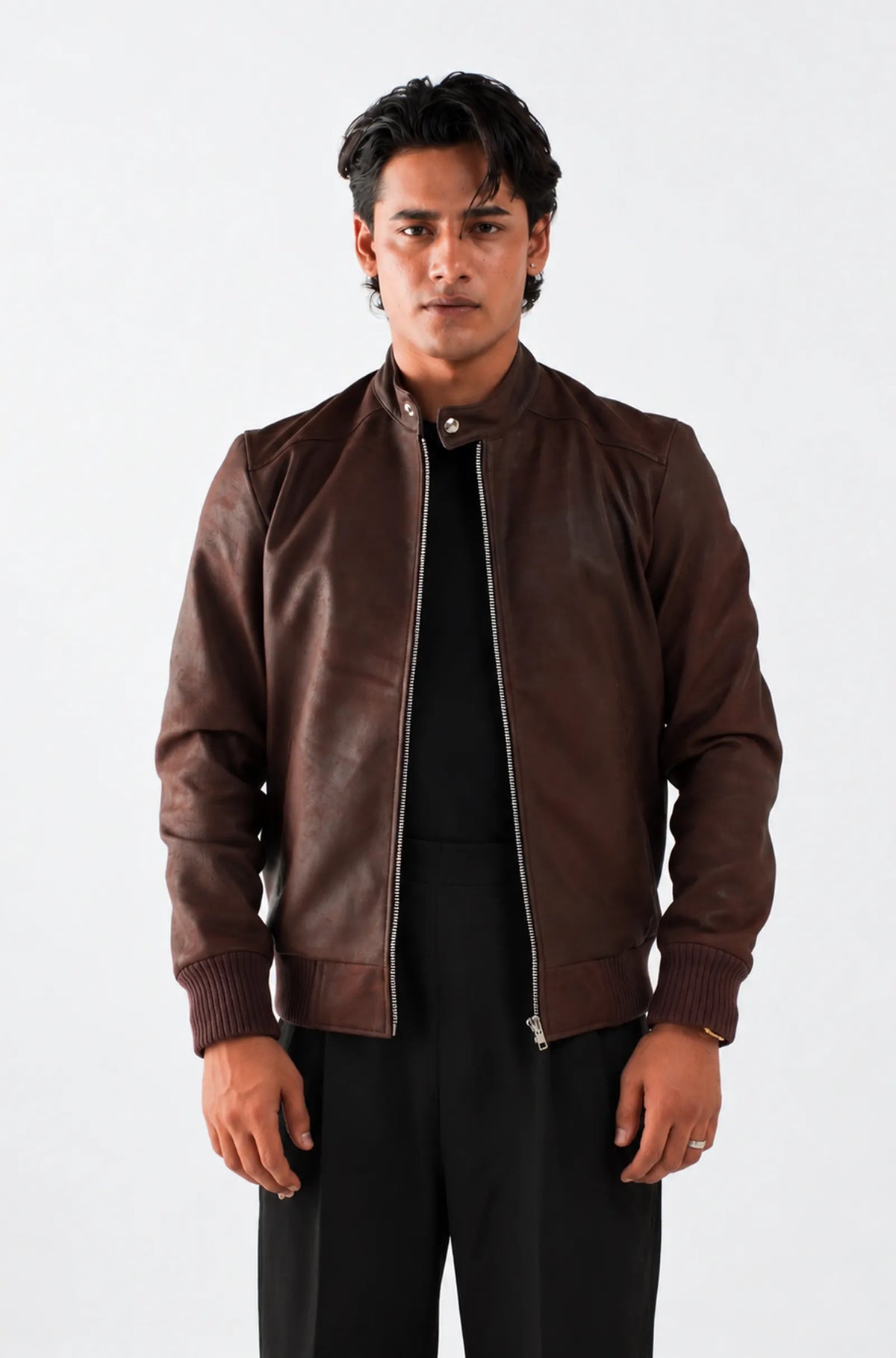 Dark Brown Leather Bomber Jacket with Stand Up Collar