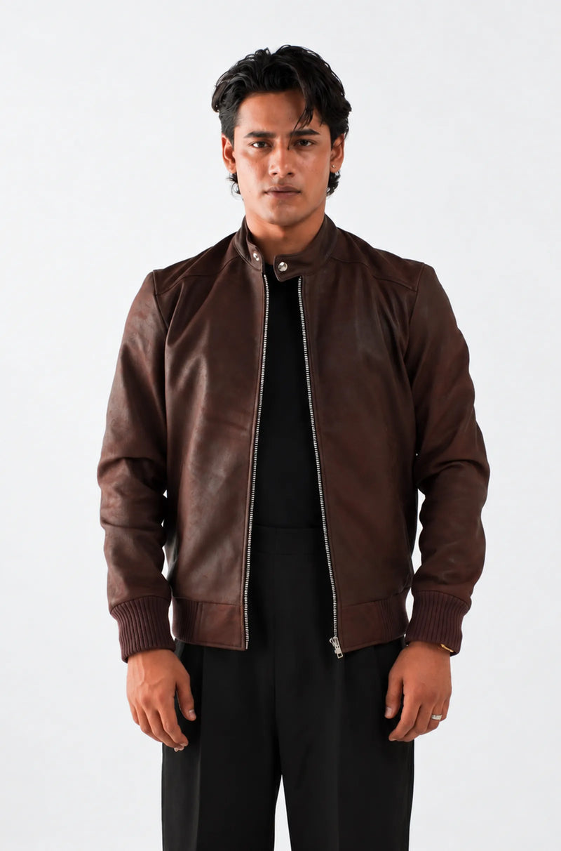 Dark Brown Leather Bomber Jacket with Stand Up Collar