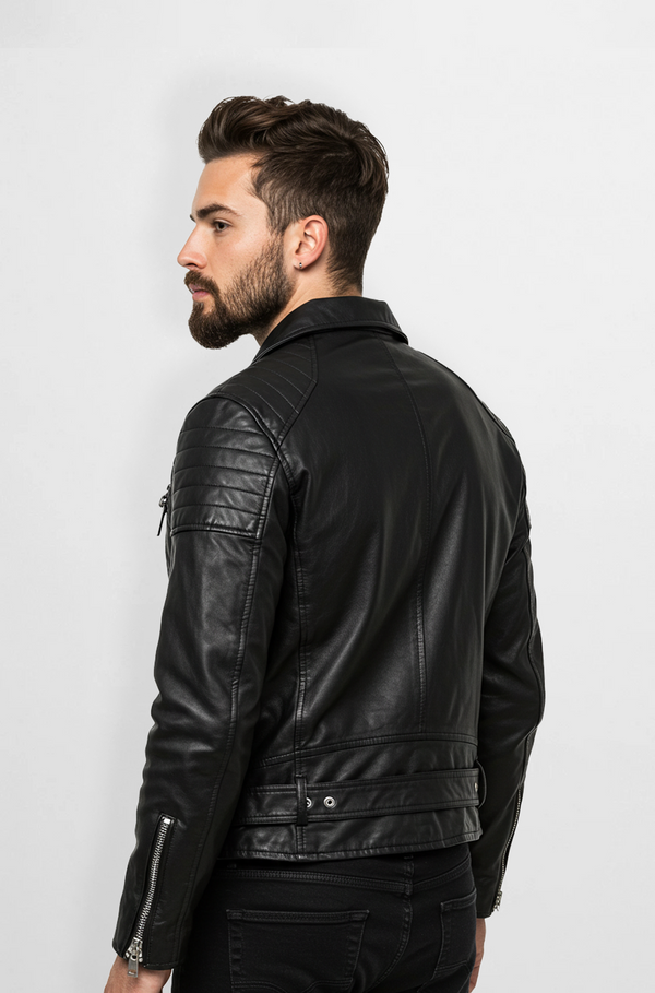 charcoal Black Biker Leather Jacket back view