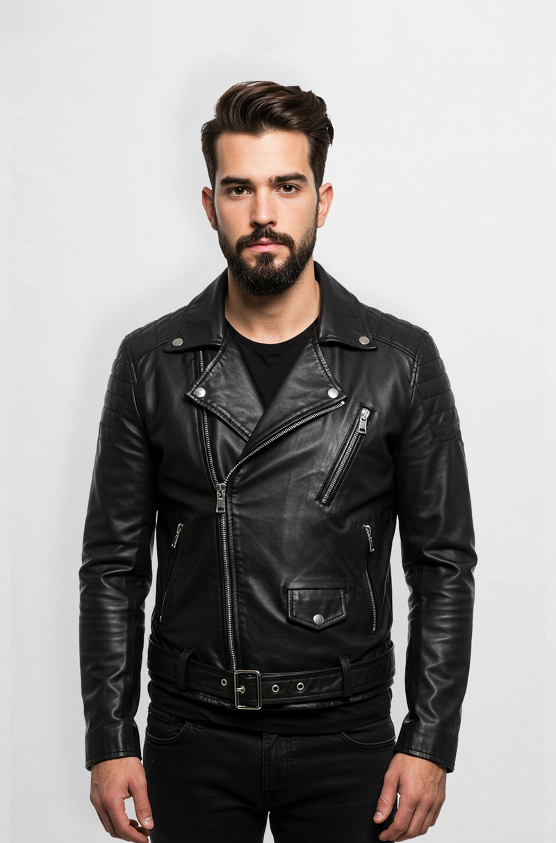 charcoal Black Biker Leather Jacket front view