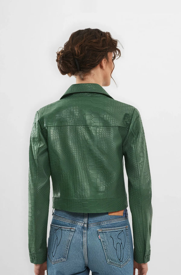 crocodile cropped leather jacket back view