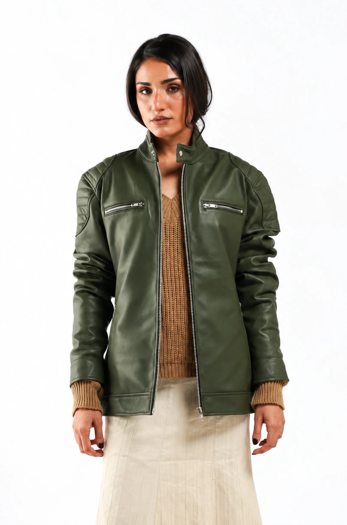 Olive Green Leather Biker Jacket