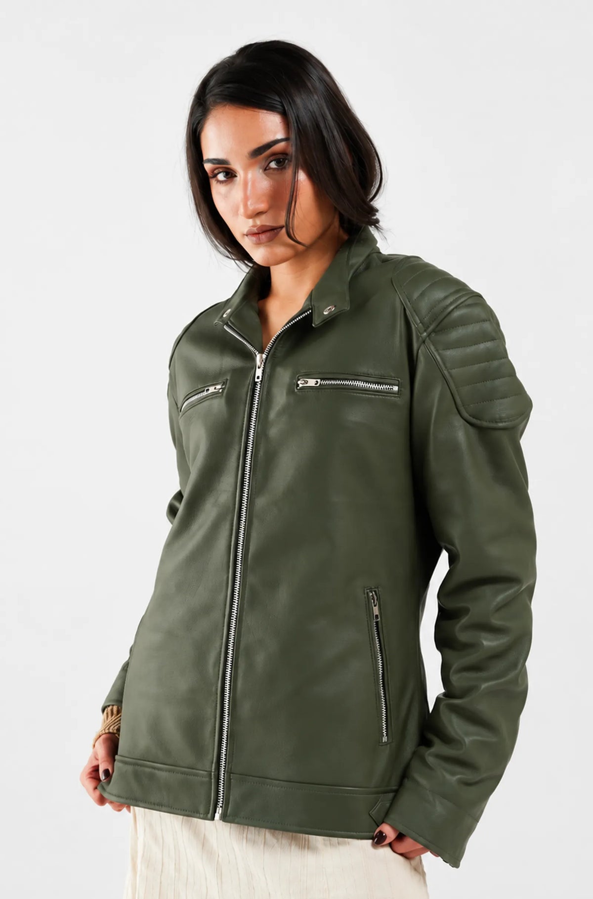 Olive Green Leather Biker Jacket