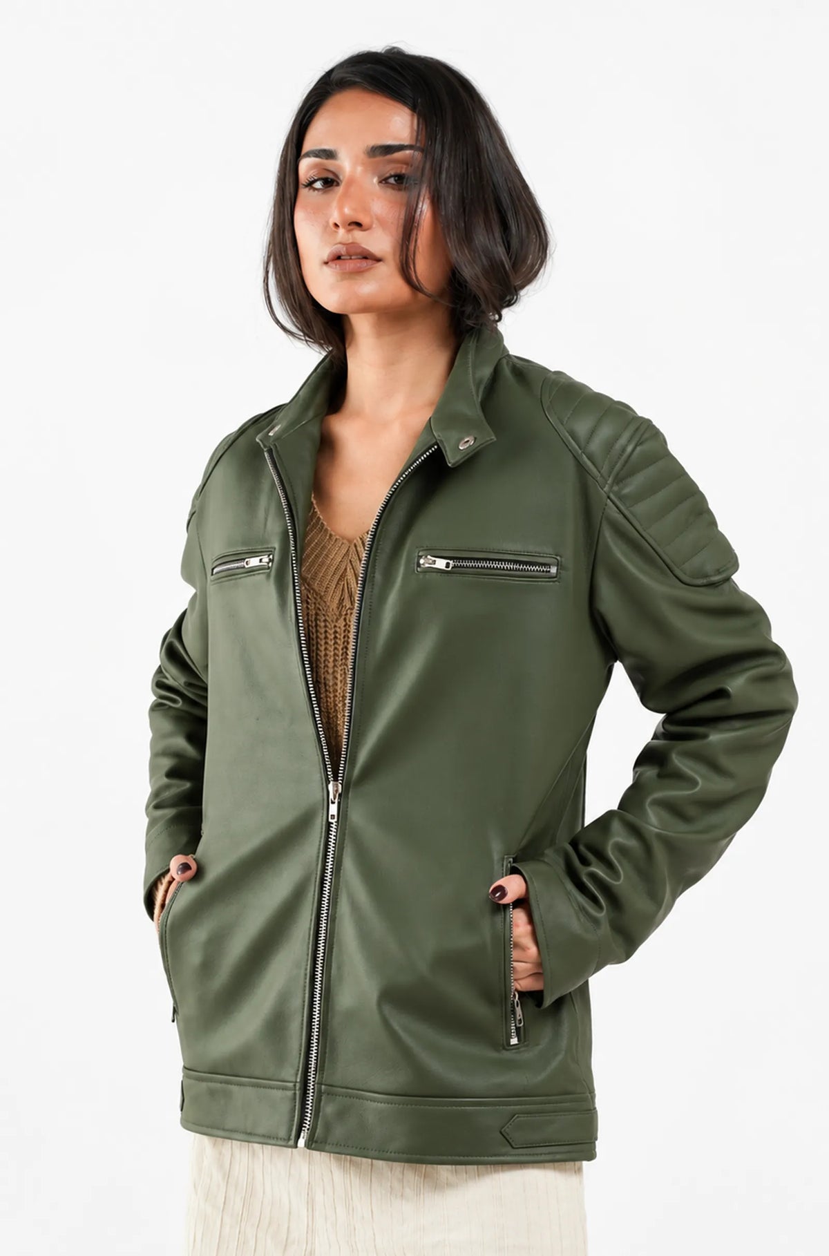Olive Green Leather Biker Jacket