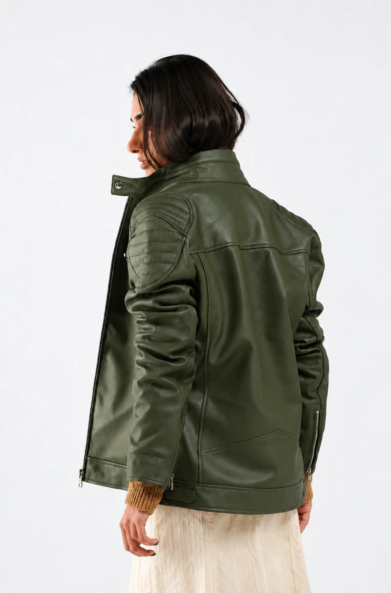 Olive Green Leather Biker Jacket
