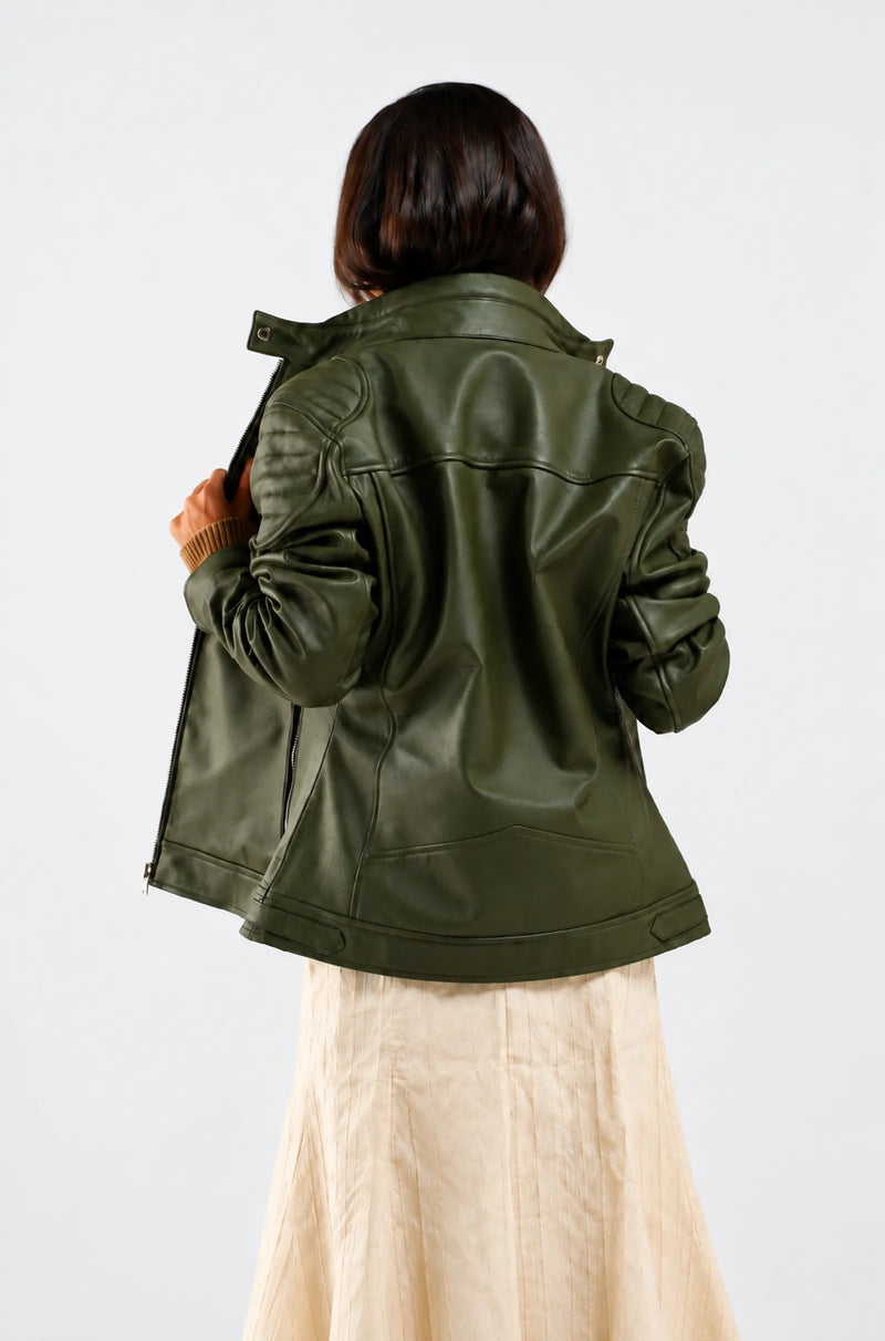 Olive Green Leather Biker Jacket
