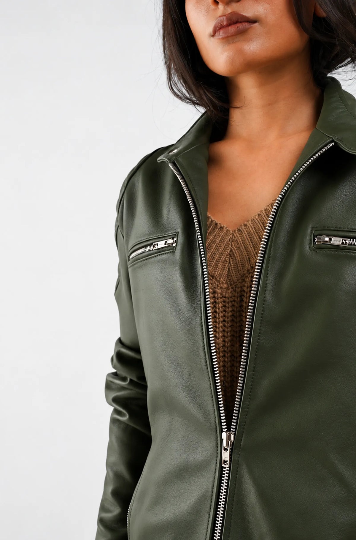Olive Green Leather Biker Jacket