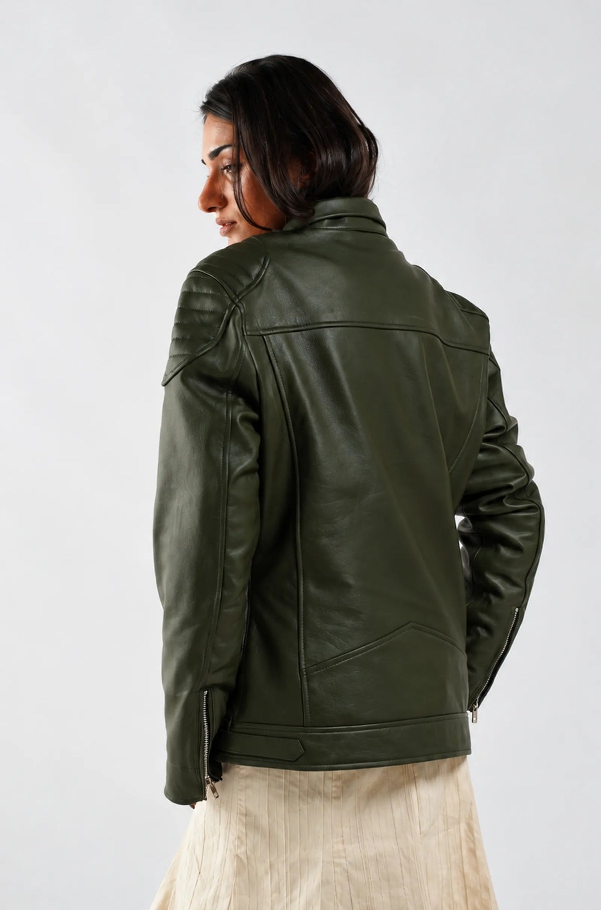 Olive Green Leather Biker Jacket