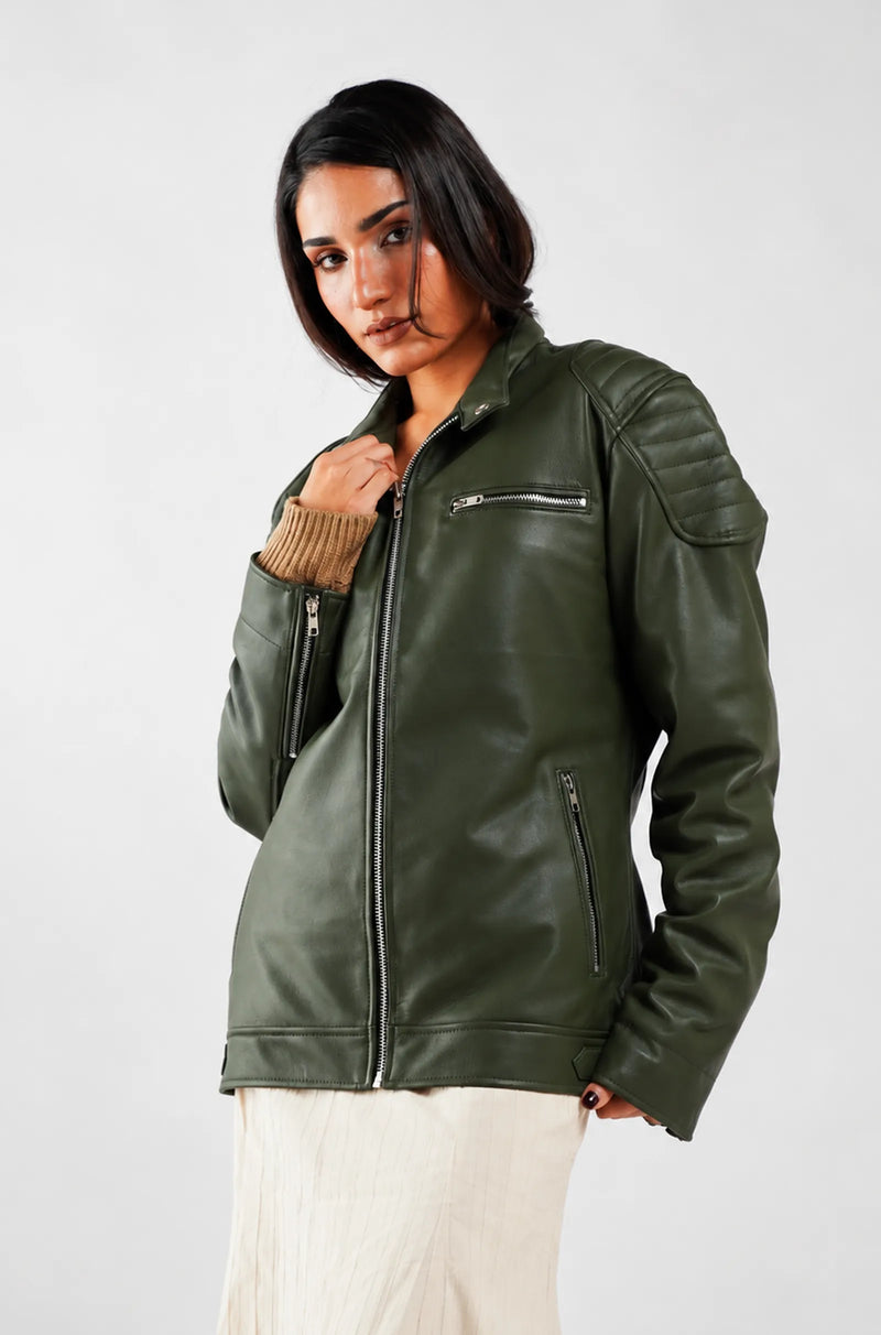 Olive Green Leather Biker Jacket