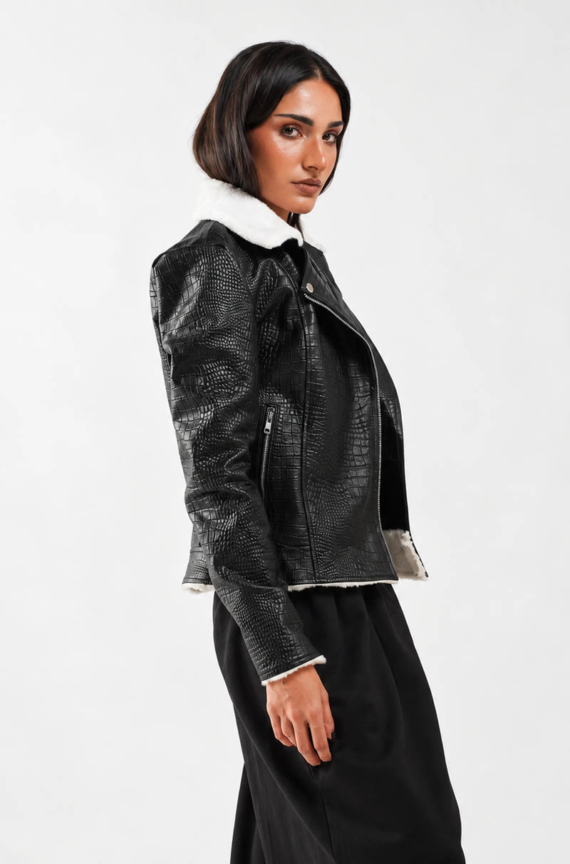 Black Crocodile Leather Biker Jacket