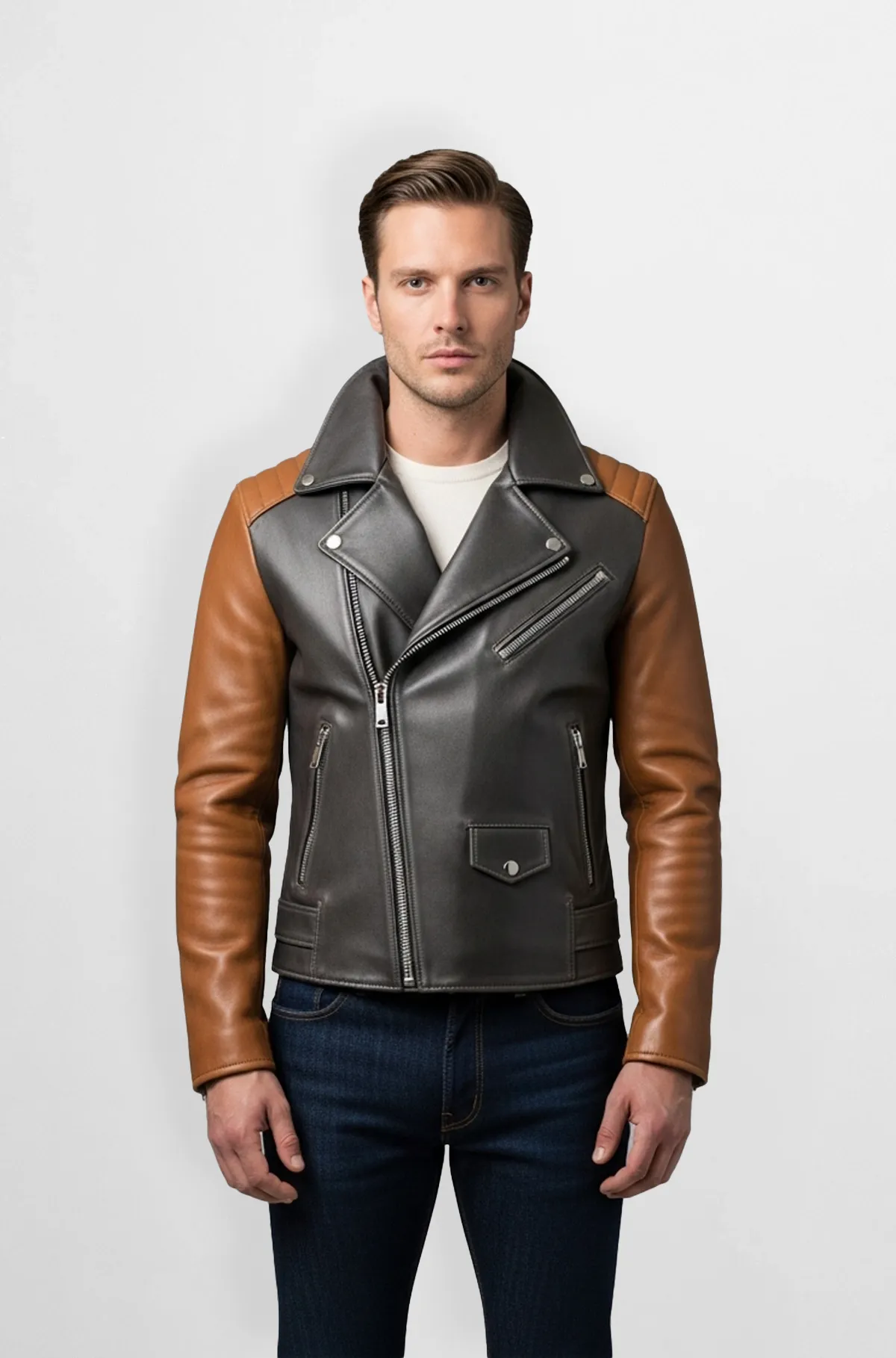 Grey And Cognac Brown Leather Biker Jacket