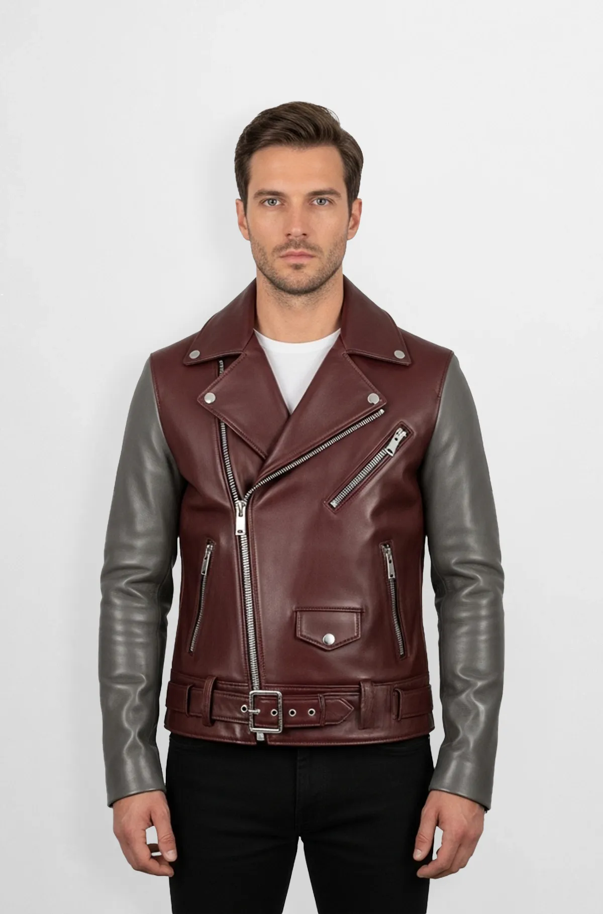 Mens Two Tone Biker Leather Jacket