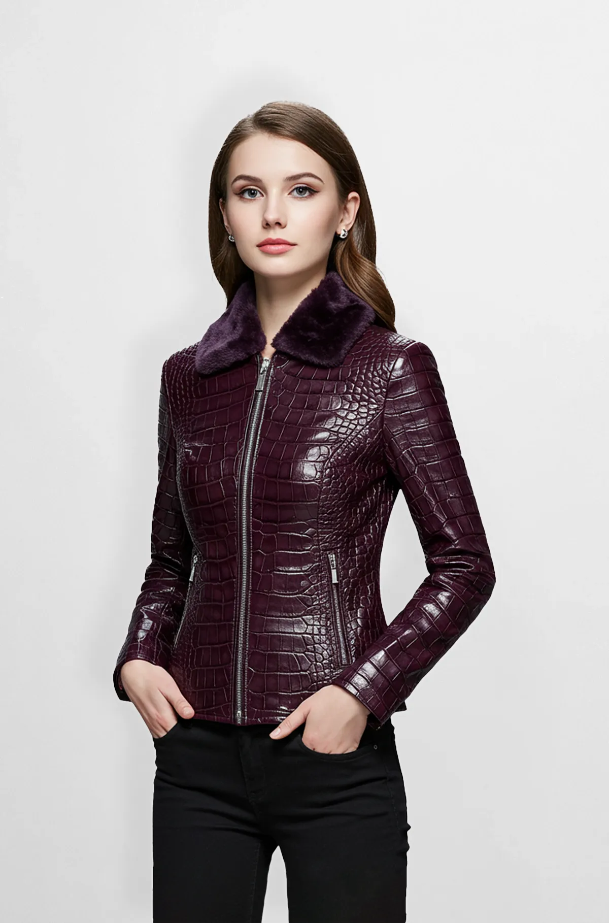 Aubergine Luxe Crocodile Bomber Jacket