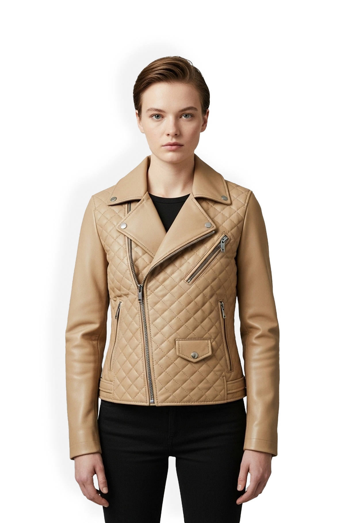 Beige Quilted Leather Biker Jacket