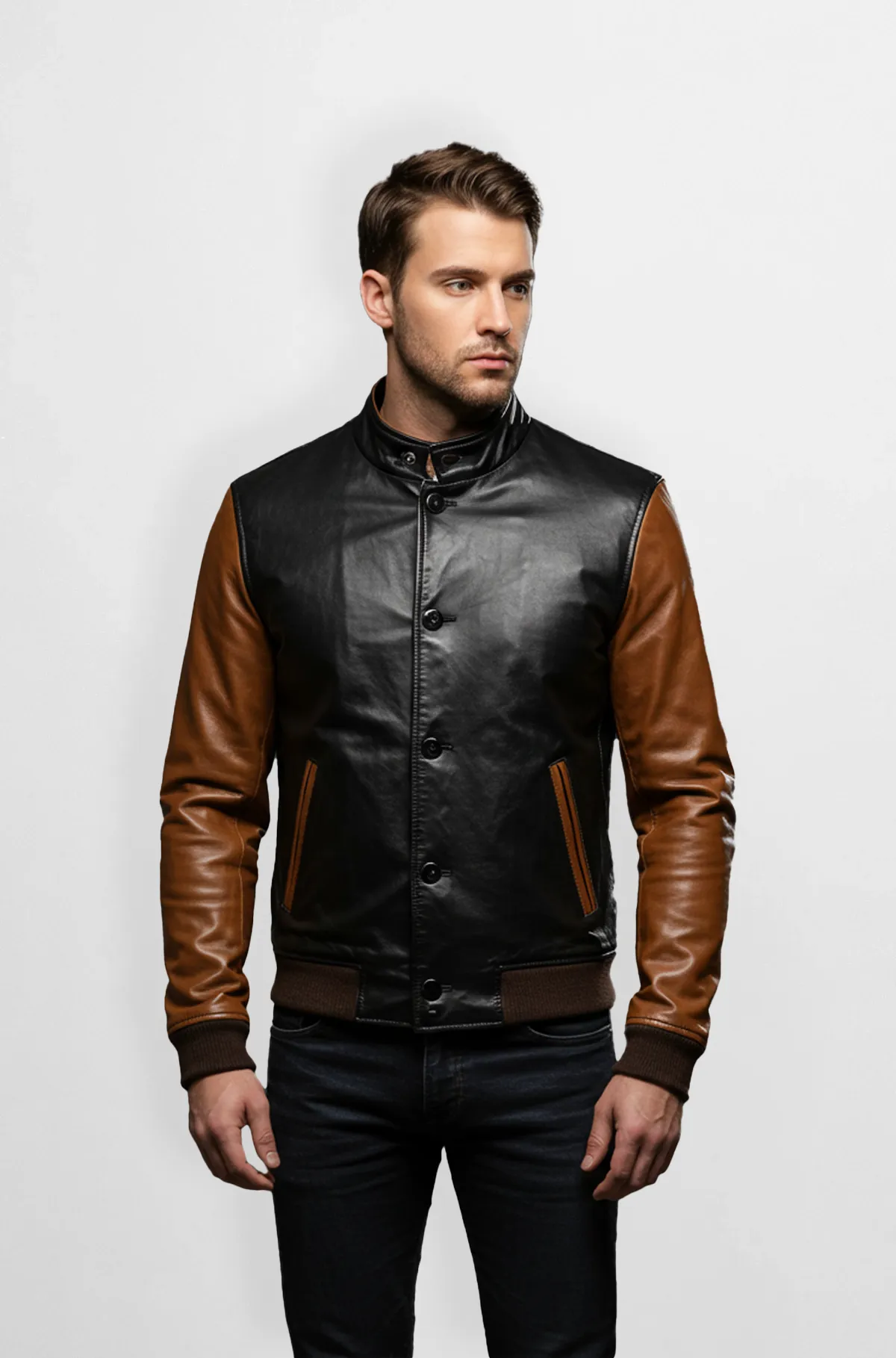 Black And Brown Leather Bomber Jacket