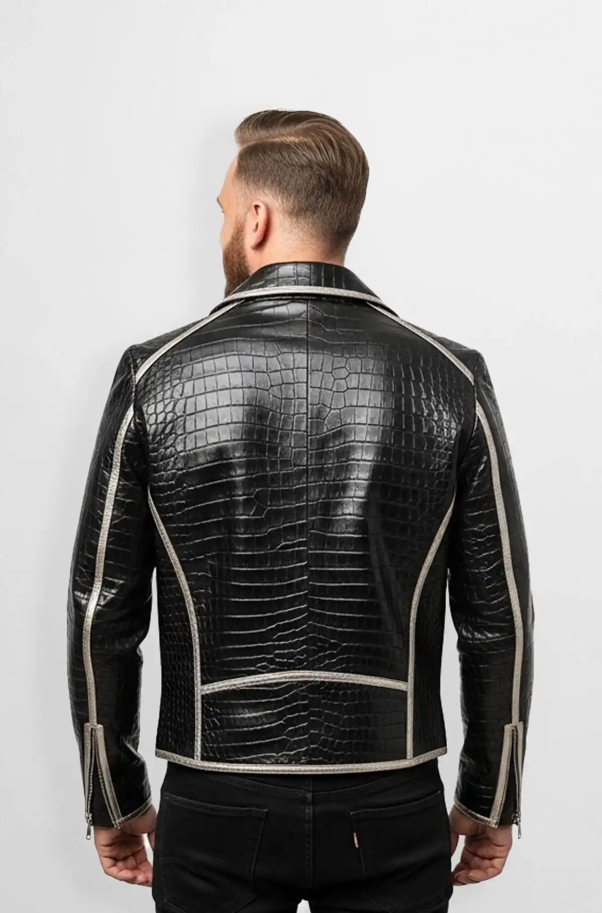 Black Croc Embossed Biker Leather Jacket