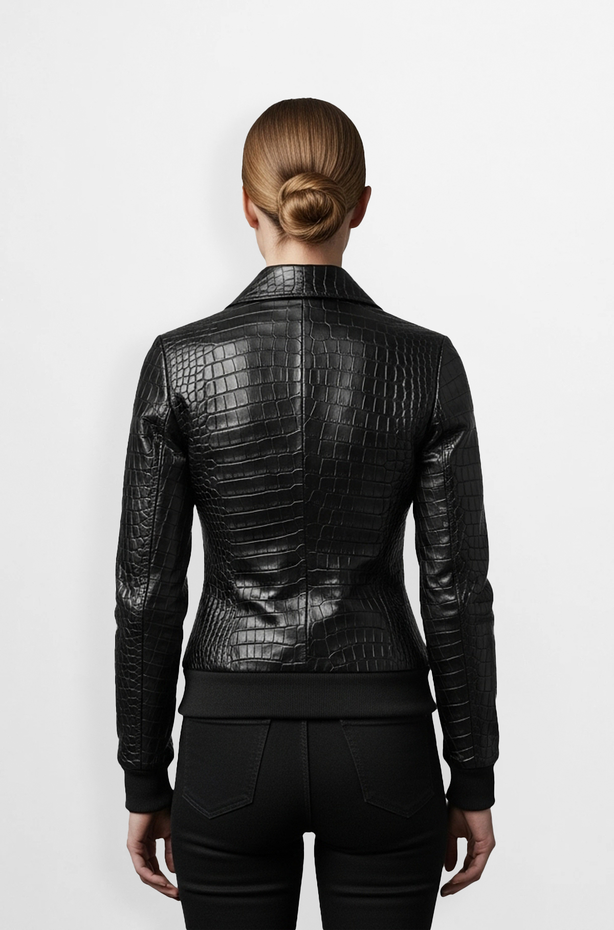 Black Crocodile Embossed Leather Bomber Jacket