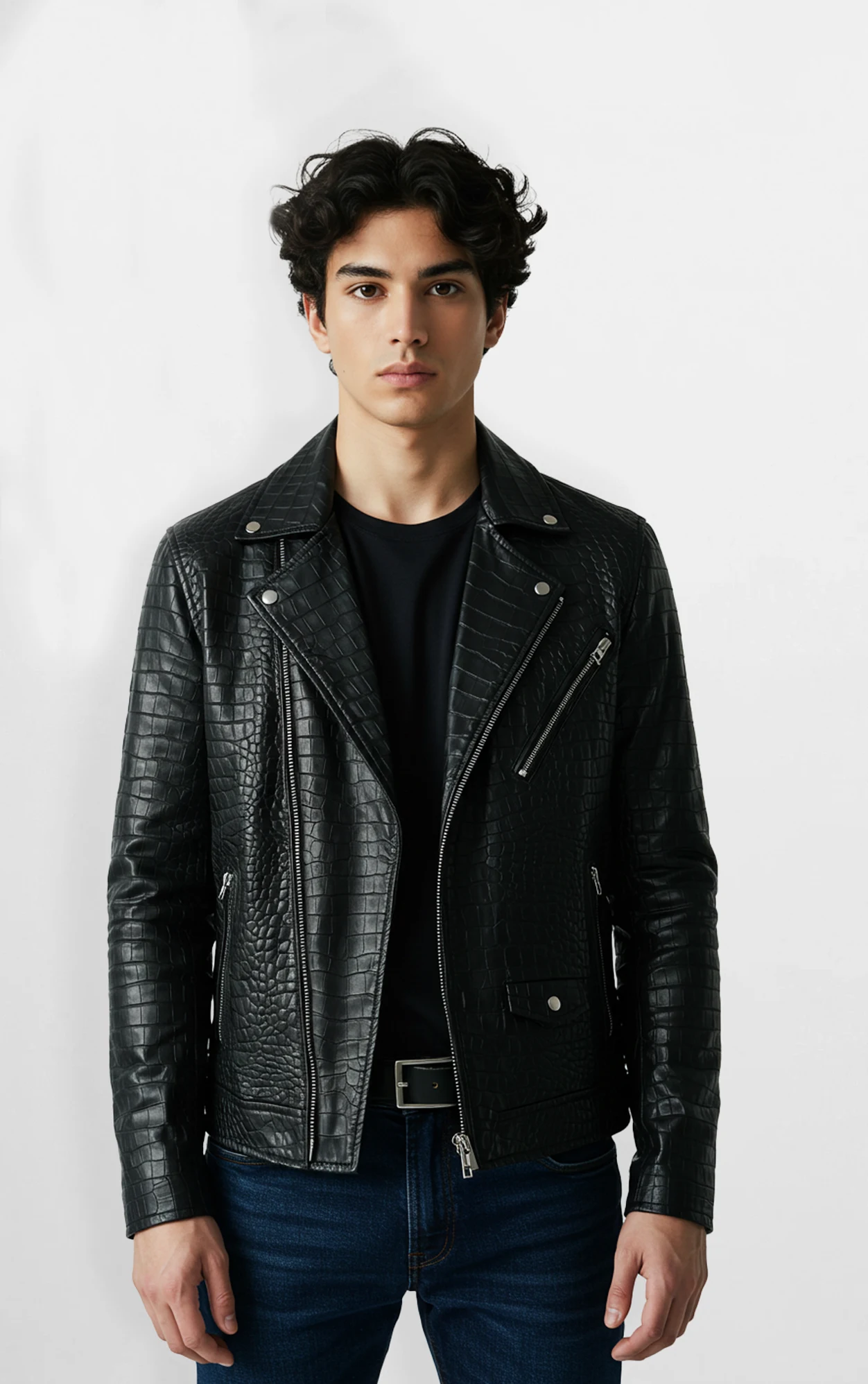 Black Faux Leather Crocodile Jacket