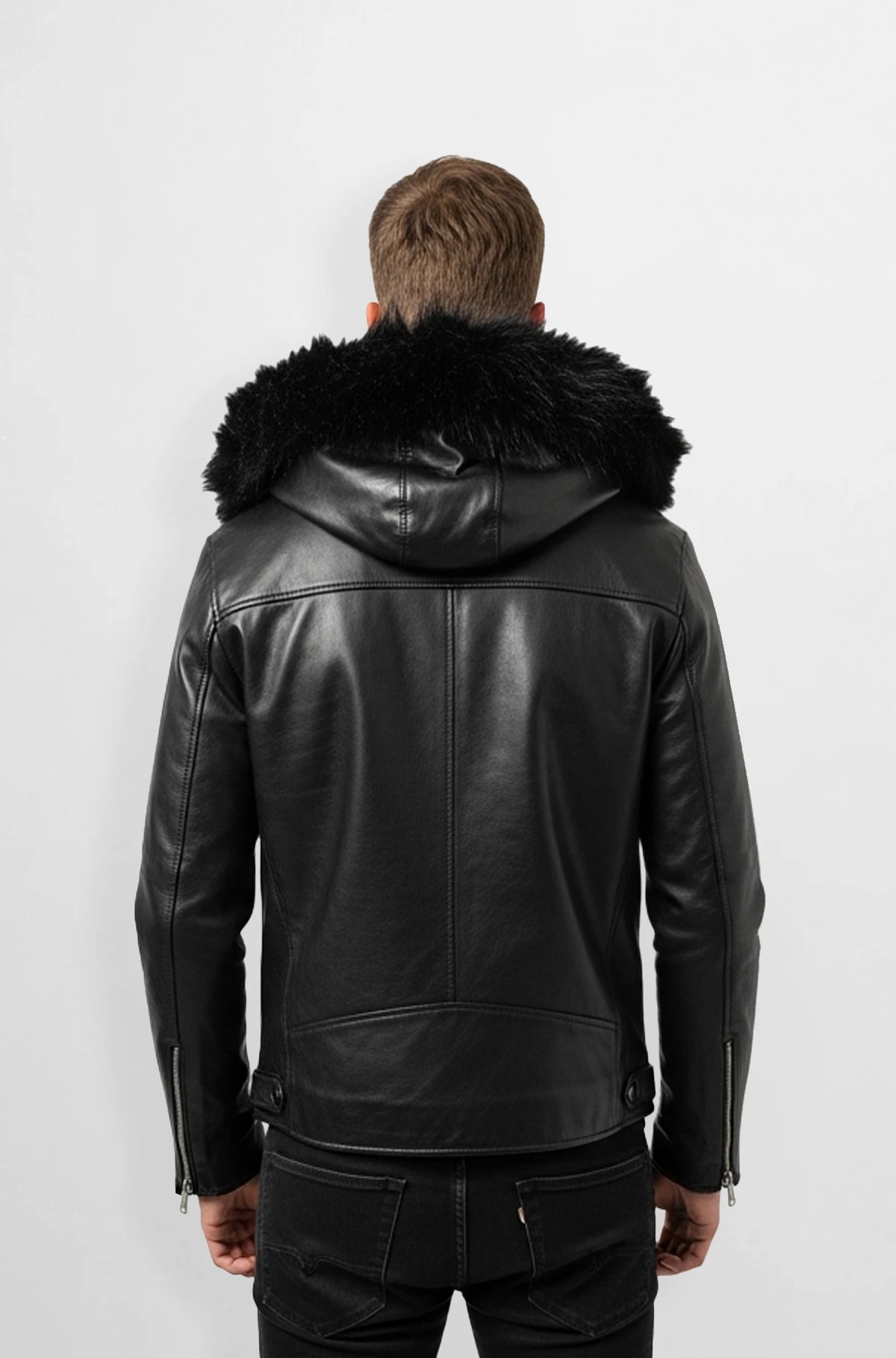 Black Fur Hooded Biker Leather Jacket