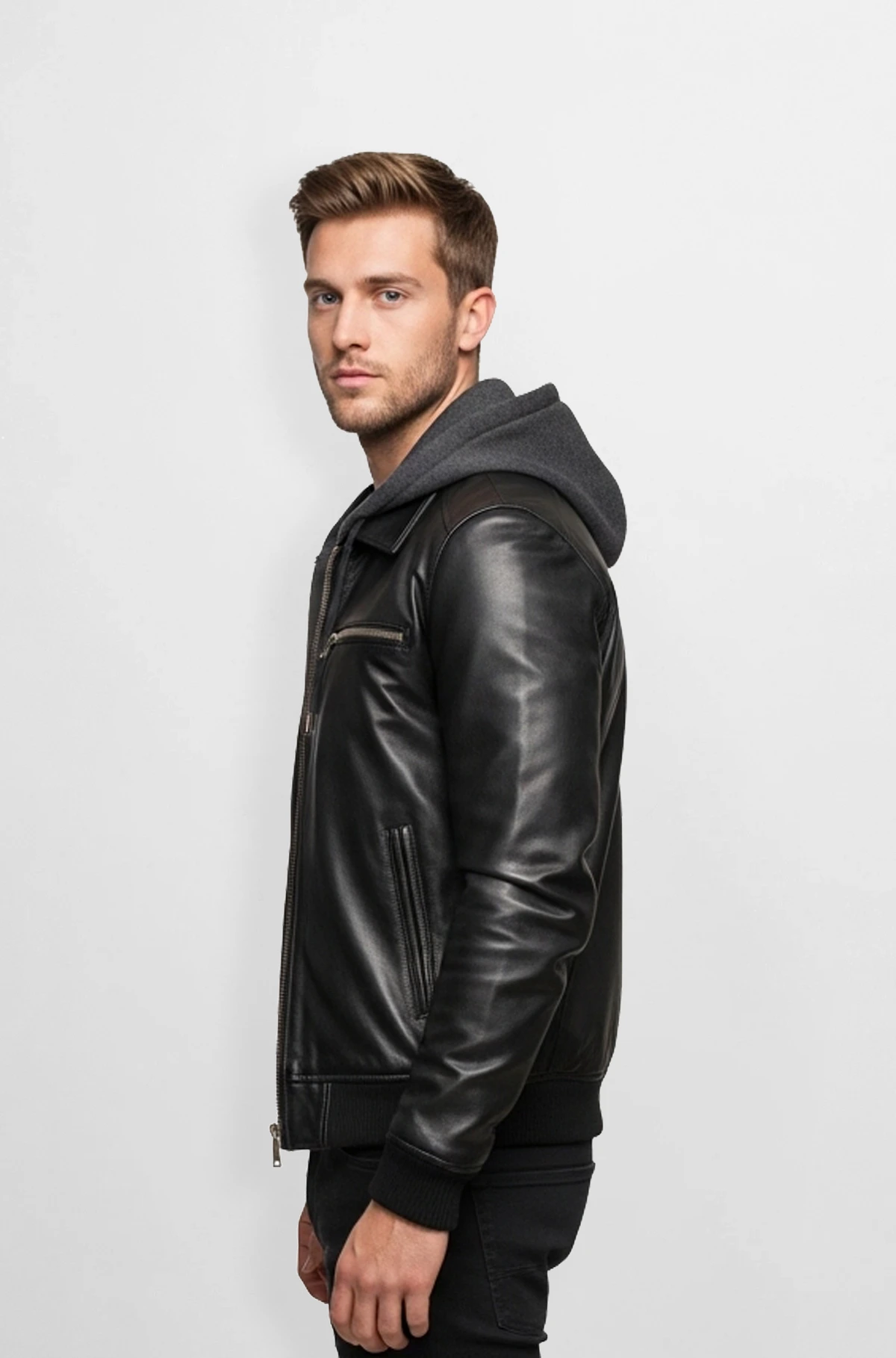 Black Hooded Bomber Leather Jacket