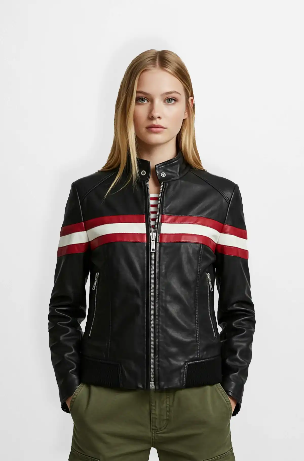 Black and Red Leather Biker Jacket for Women
