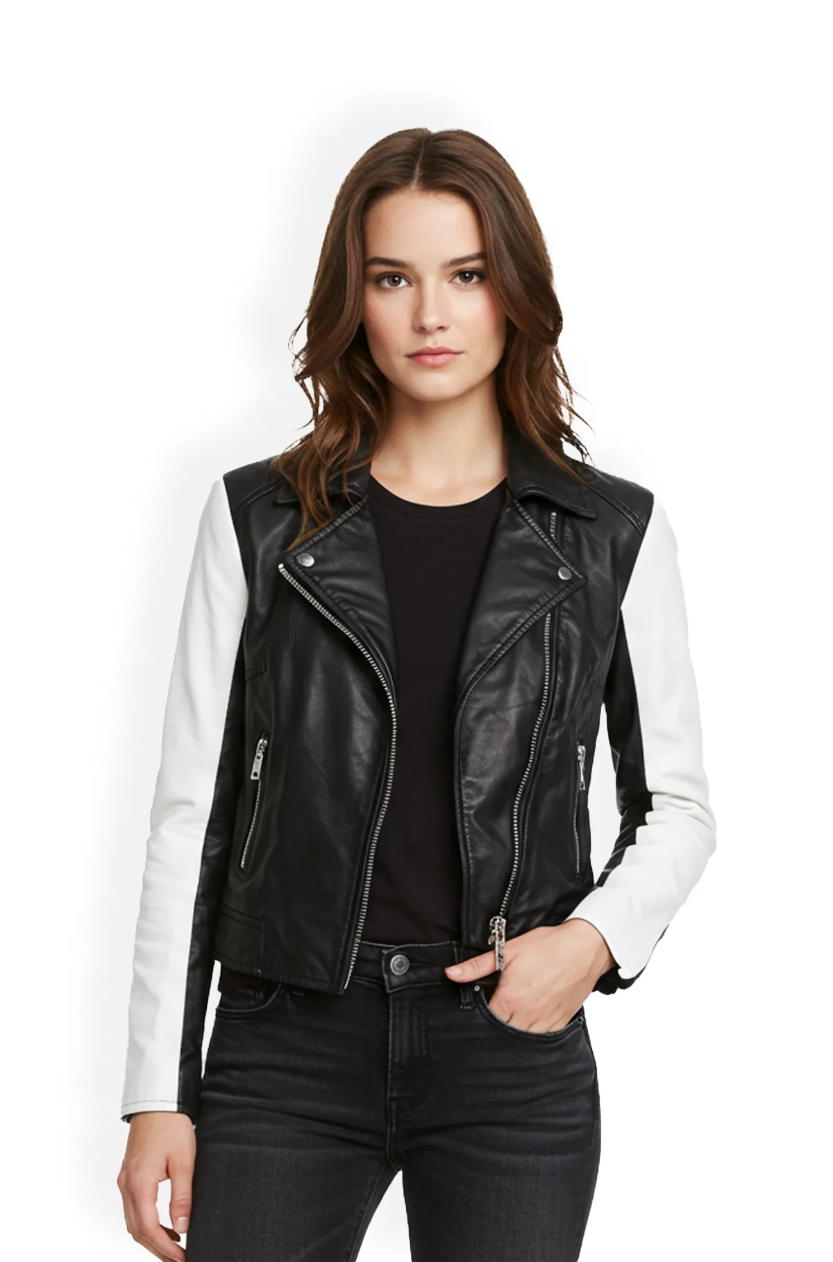 Black and White Leather Biker Jacket for Women