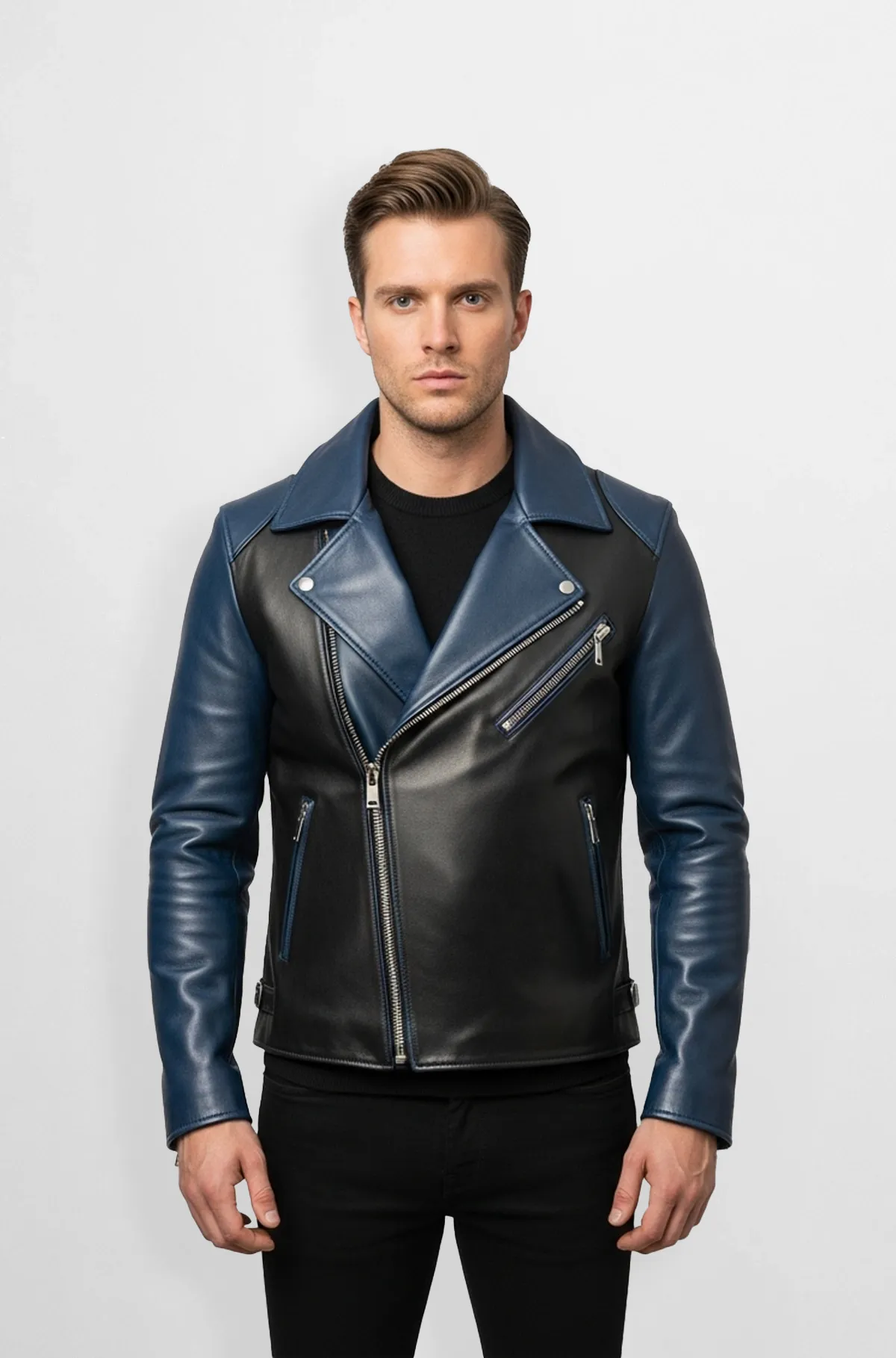 Blue and Black Leather Biker Jacket for Men
