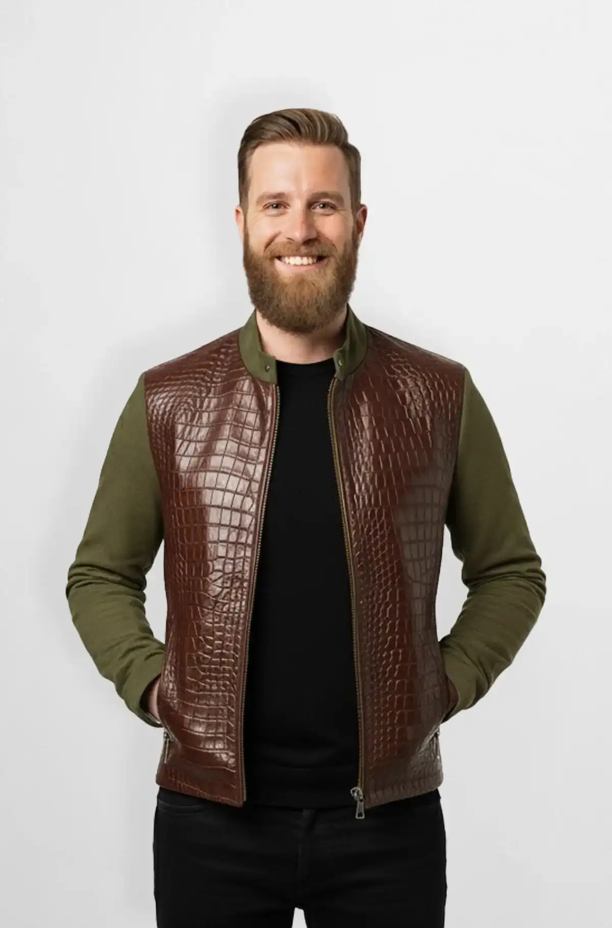 Brown And Olive Green Crocodile Leather Wool Bomber Jacket
