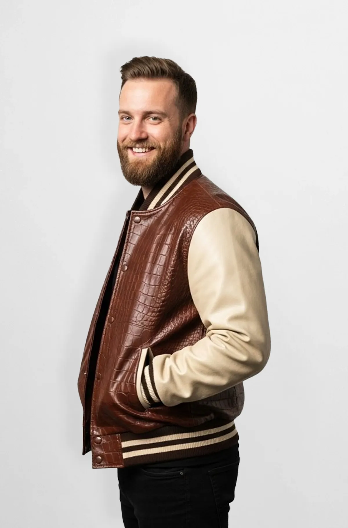 Brown Croc Embossed Varsity Leather Jacket