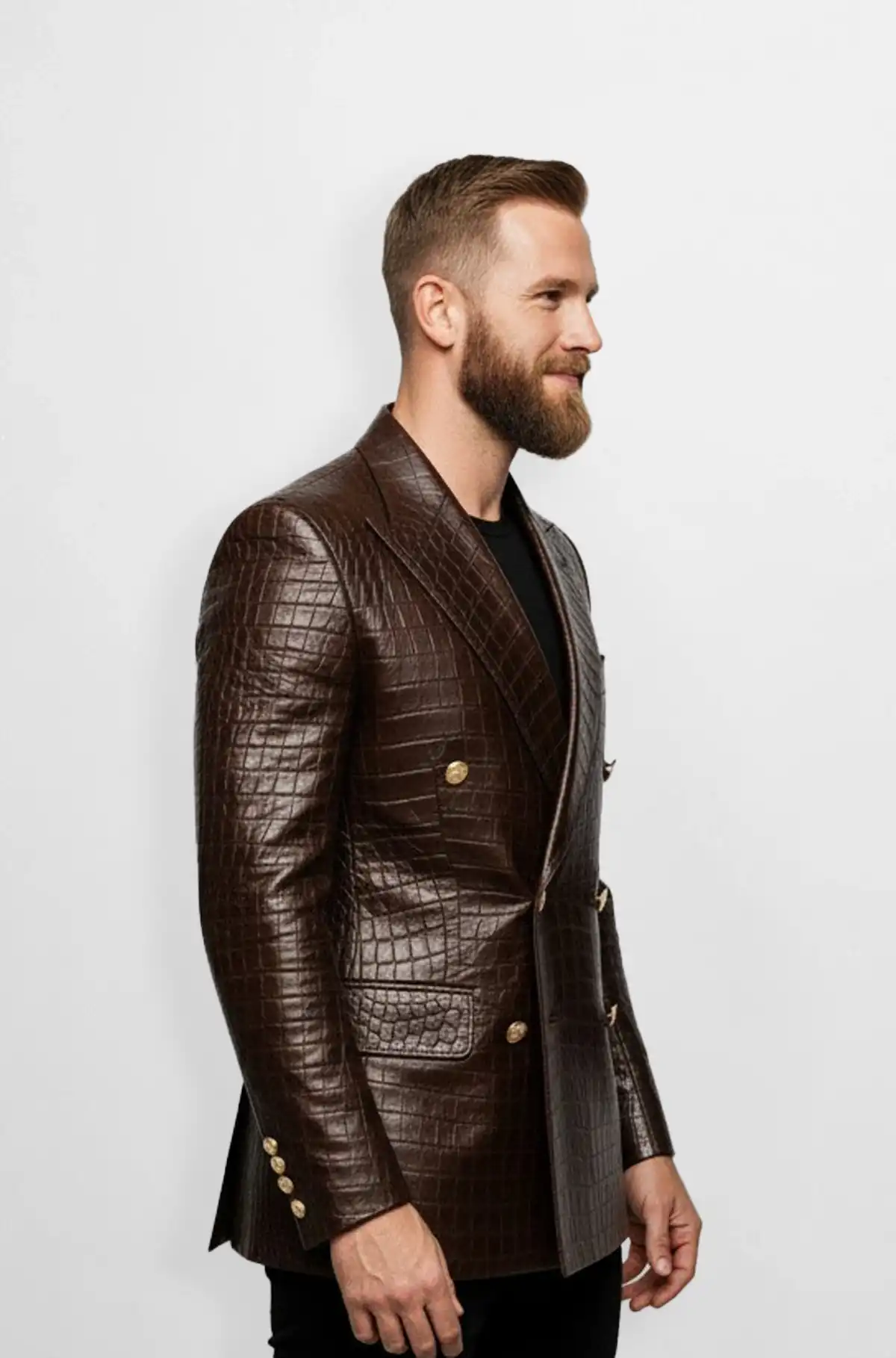 Brown Double Breasted Crocodile Leather Blazer