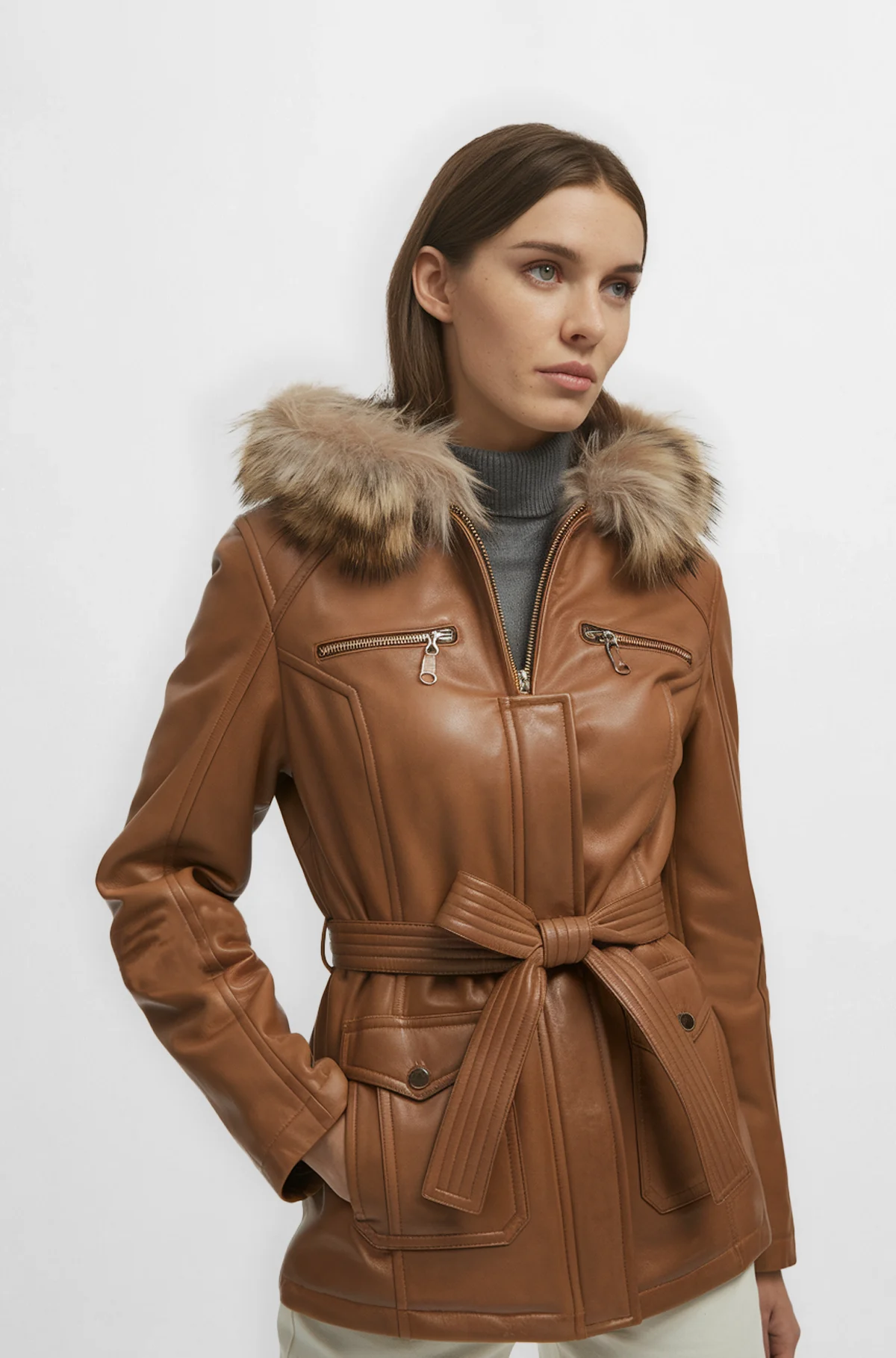 Brown Leather Jacket with Fur Hood