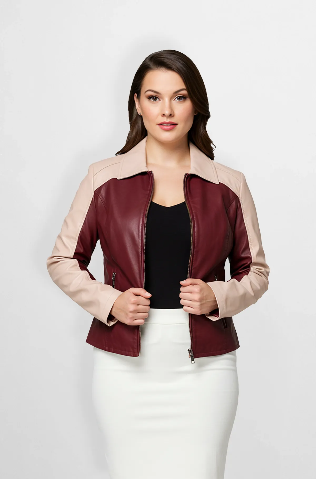 Burgundy And Blush Pink Two Tone Leather Moto Jacket