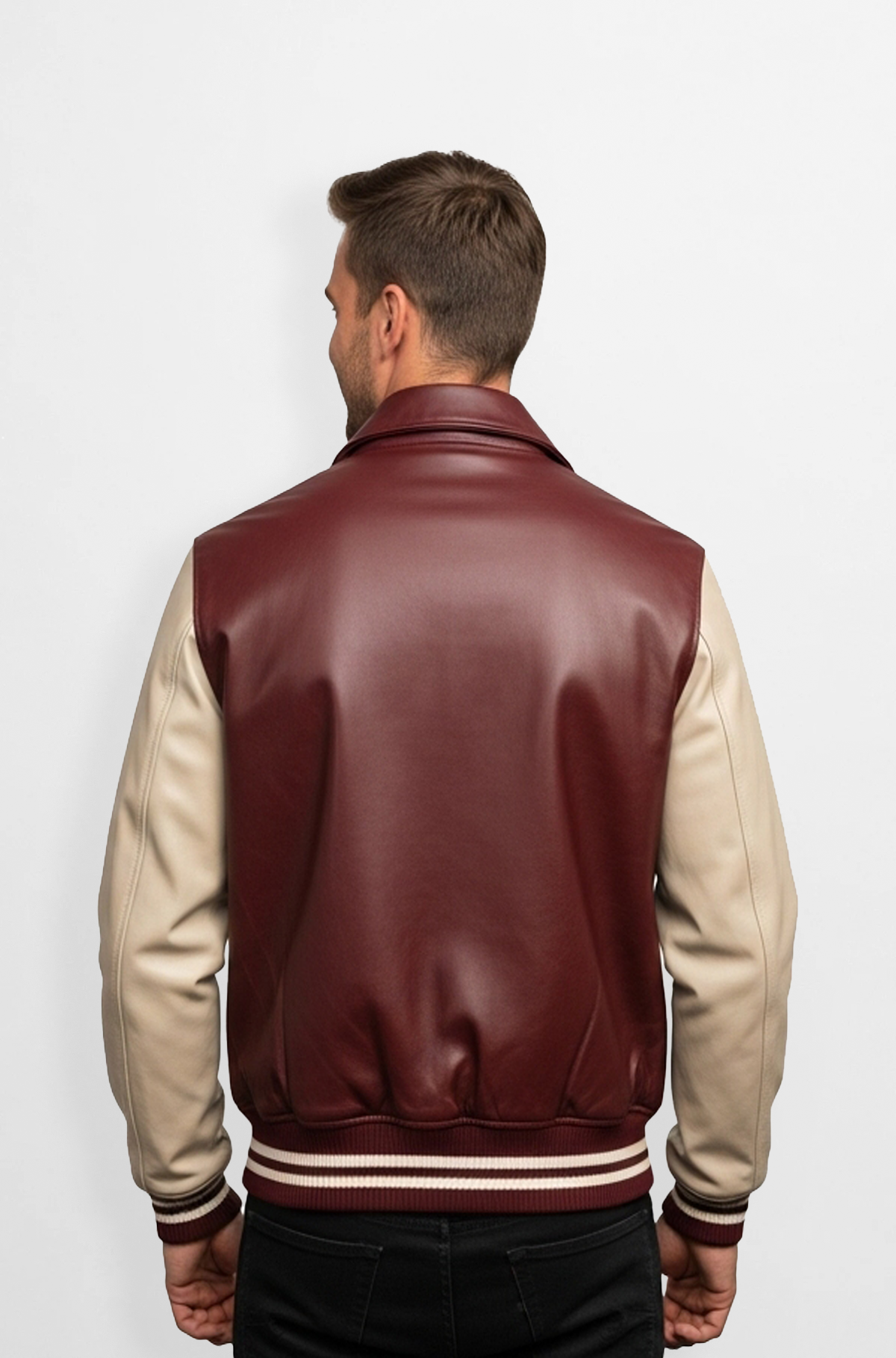 Burgundy and Cream Leather Varsity Jacket
