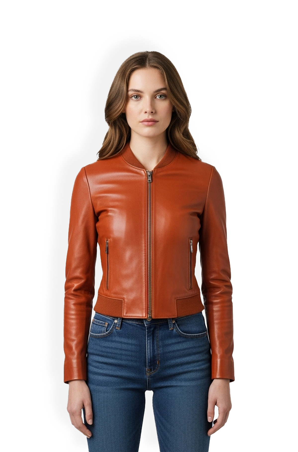 Burnt Sienna Womens Leather Bomber Jacket