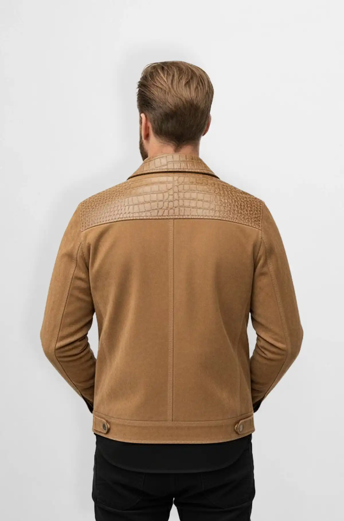 Camel Tan Crocodile Suede Leather Trucker Jacket