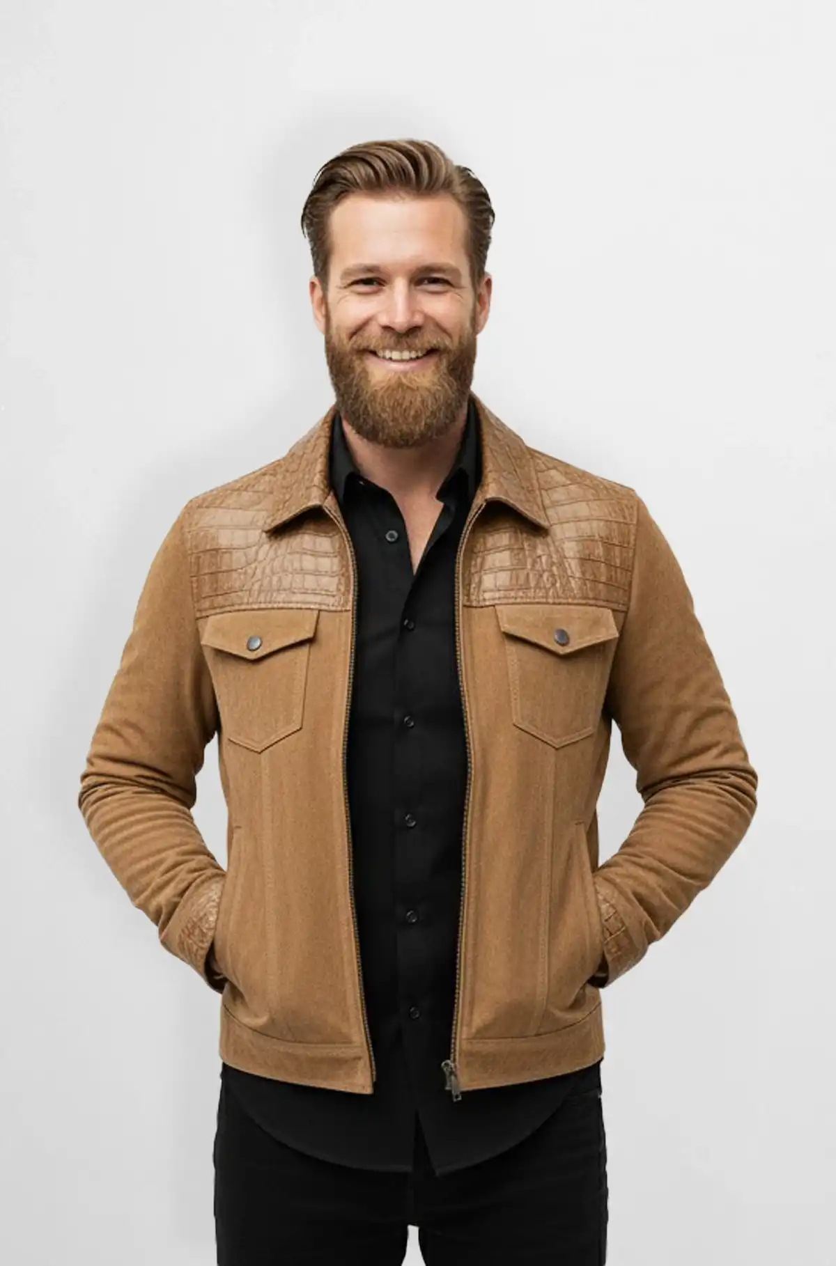 Camel Tan Crocodile Suede Leather Trucker Jacket