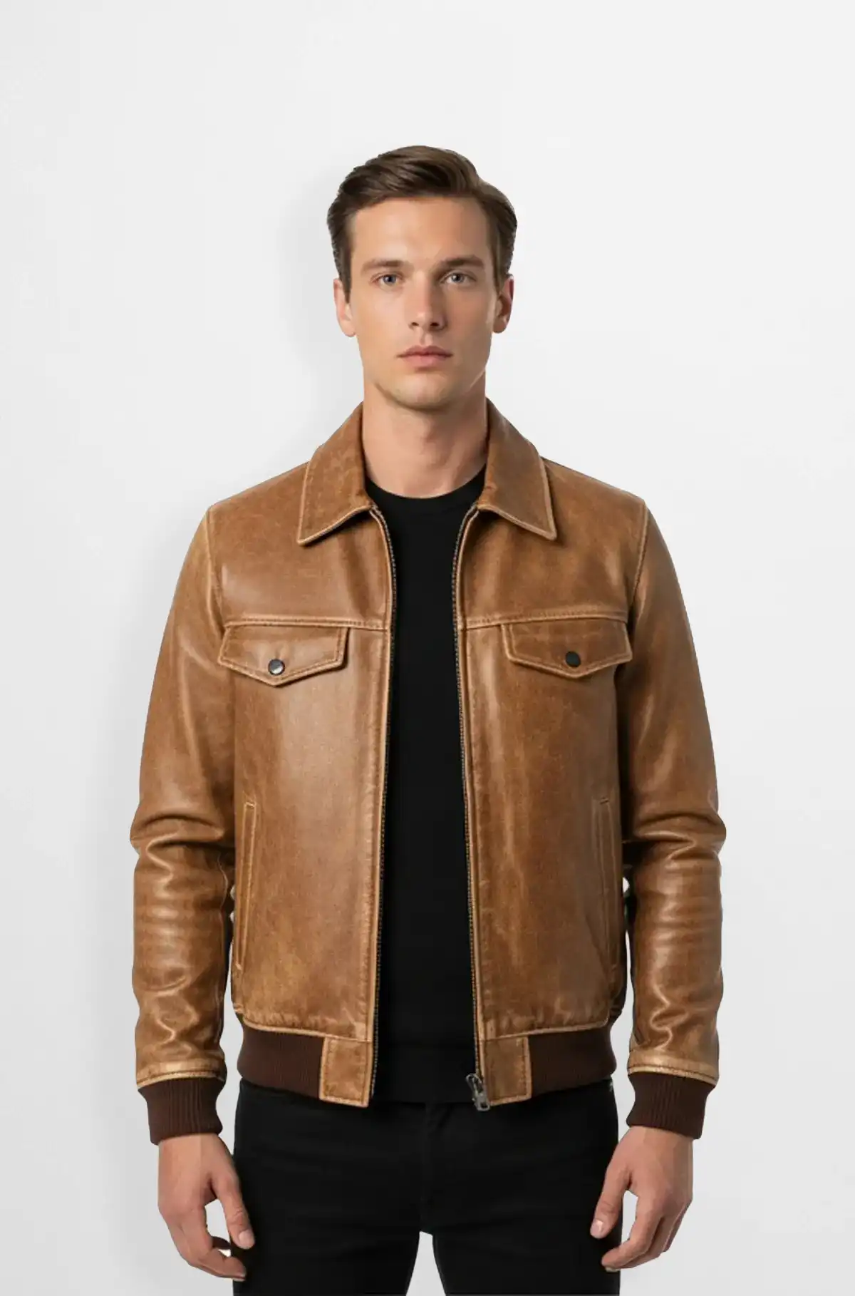 Caramel Tan Premium Leather Bomber Jacket