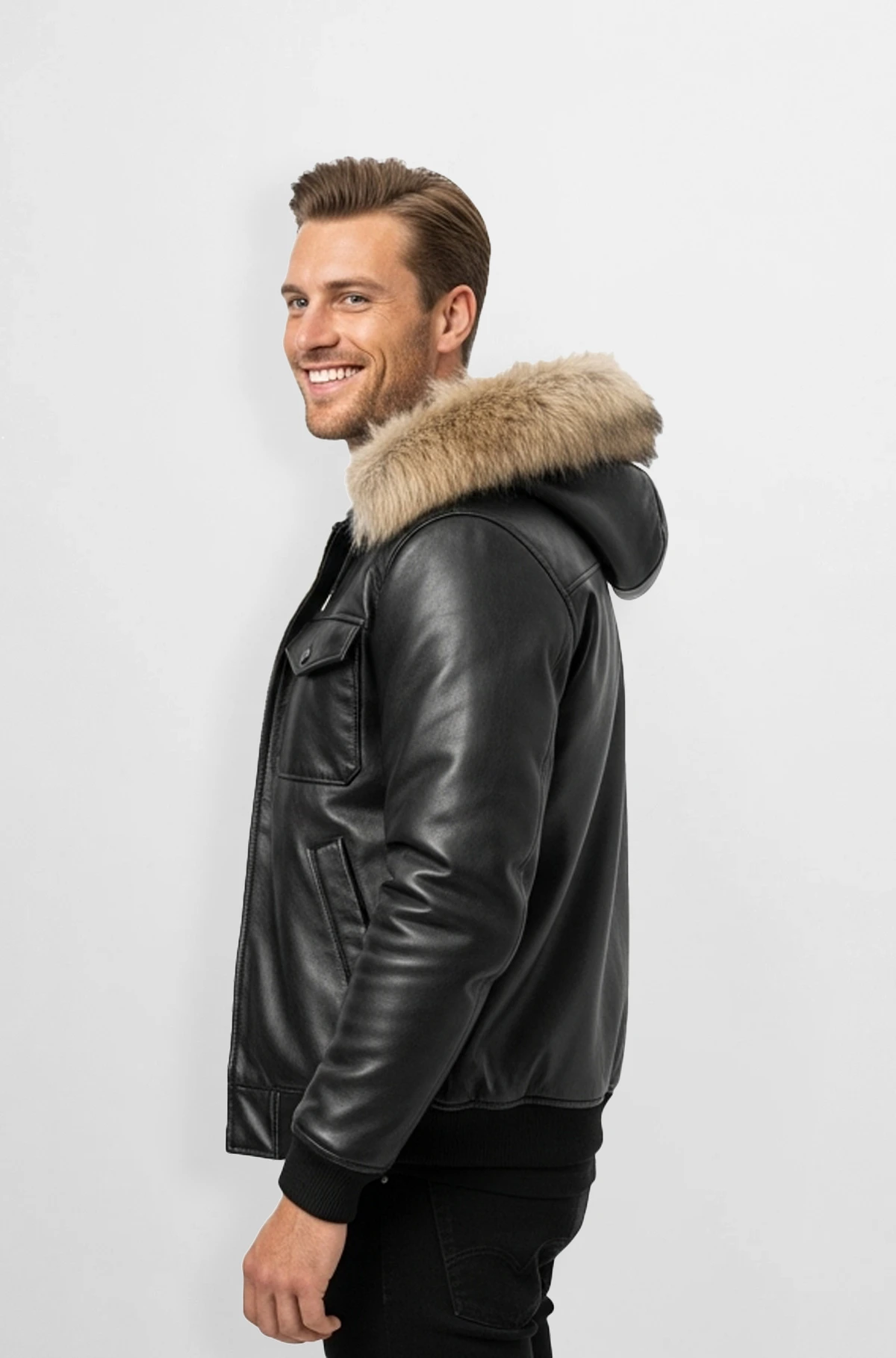 Charcoal Black Fur Hood Leather Jacket