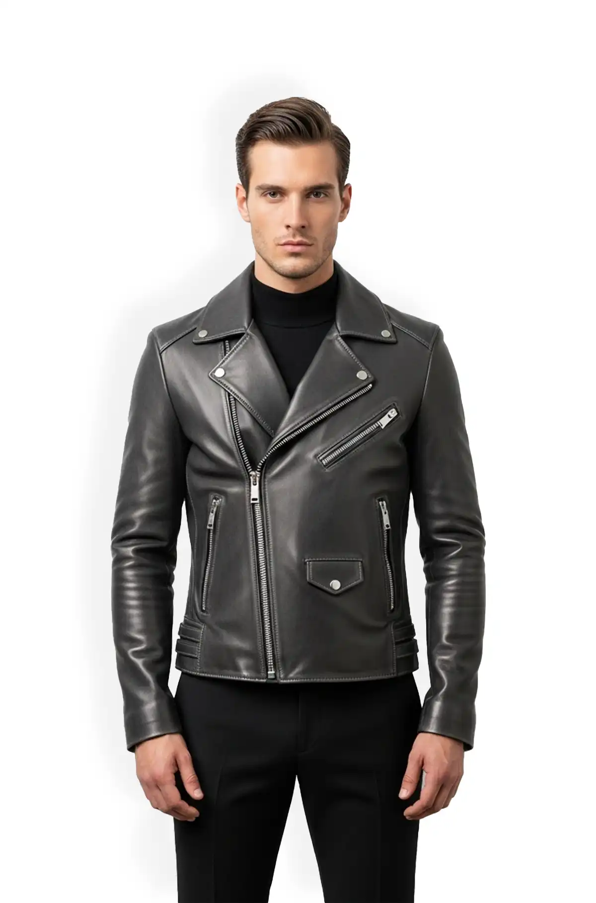 Charcoal Grey Biker Leather Jacket