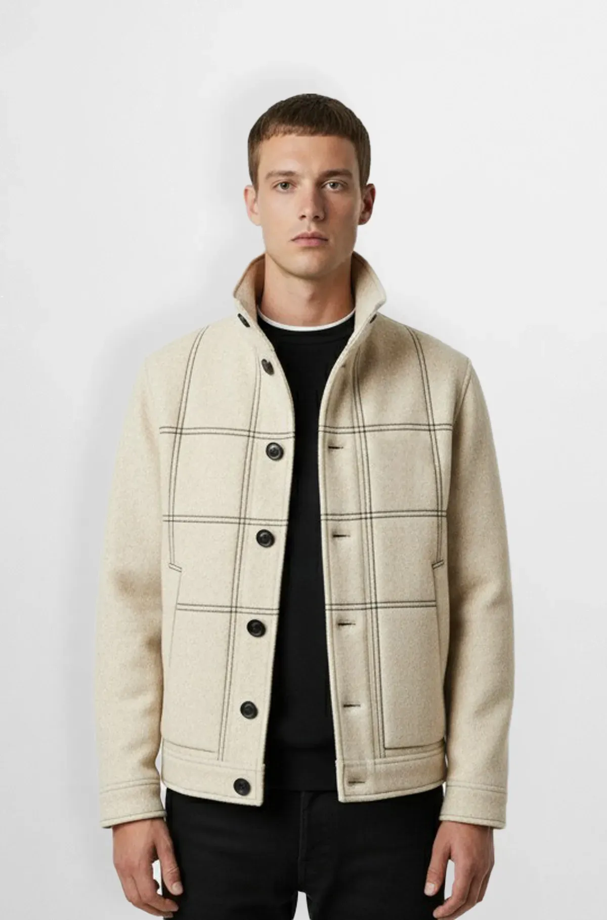 Checkered Light Beige Wool Bomber Jacket